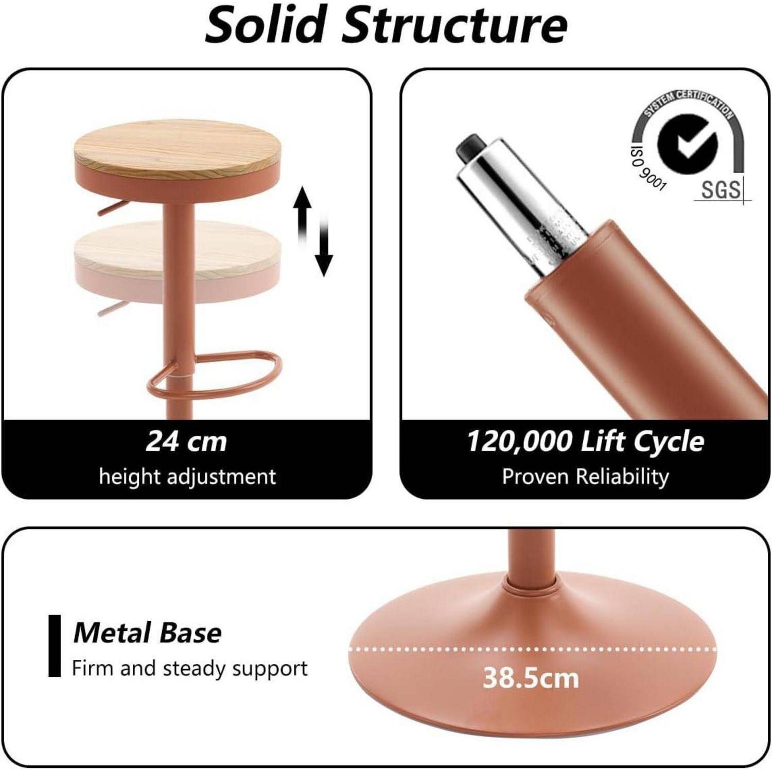 Infografik eines Hockers mit stabiler Struktur: 24 cm Höhenverstellung, 120.000 Hubzyklen und eine 38,5 cm Metallbasis für feste Unterstützung.