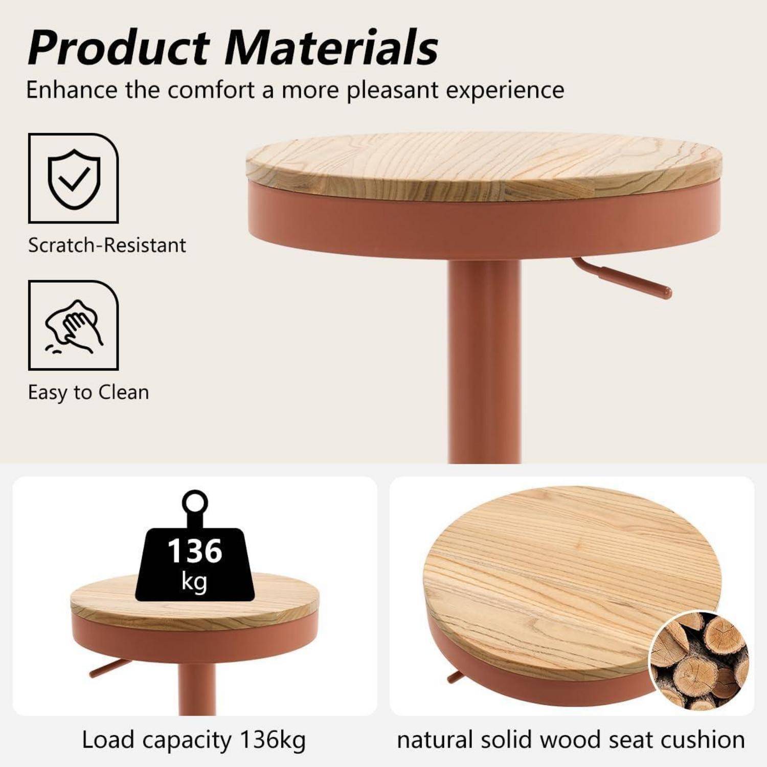 Infografik einer Tabelle mit Produktmaterialien: kratzfest, leicht zu reinigen, natürliches massives Holz, Sitzkissen und Tragfähigkeit 136 kg.