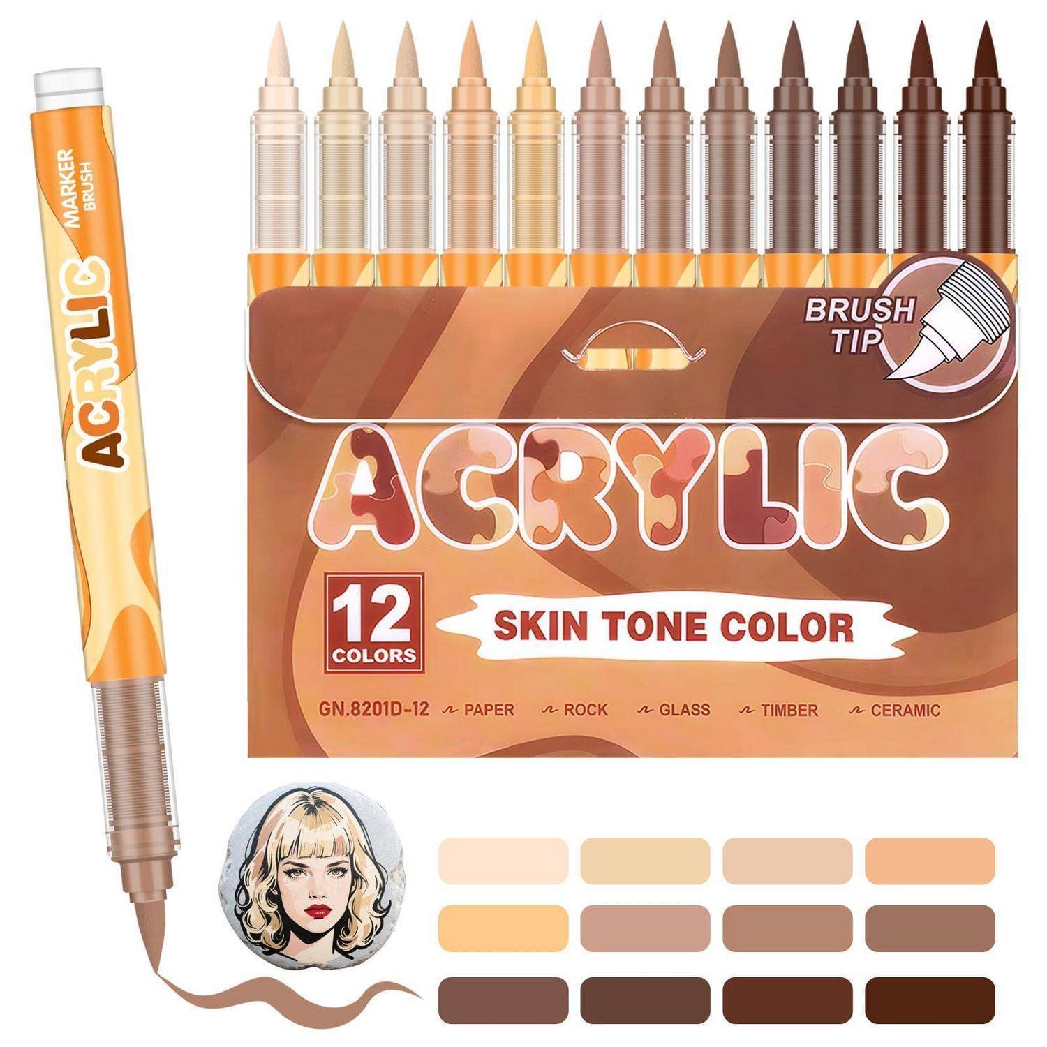 Acrylfarben-Marker-Set mit Pinselspitze in 12 Hauttönen, abgebildet mit Stiften, Verpackung und einem Musterporträt sowie Farbmustern.
