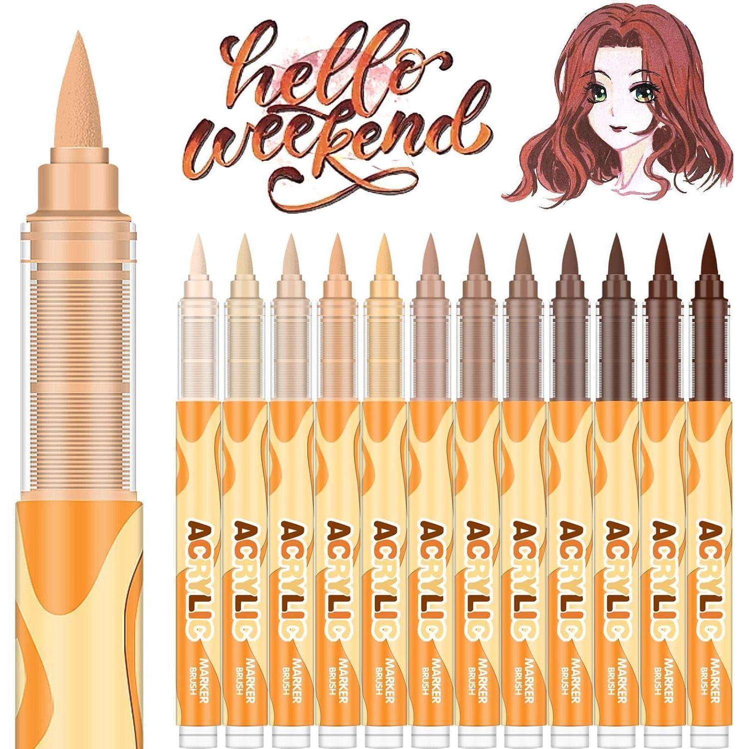 Werbebild von Acrylmarkerstiften in mehreren Farben, mit einem großen orangefarbenen Marker, Reihen von Stiftspitzen und dem Text „hello weekend
