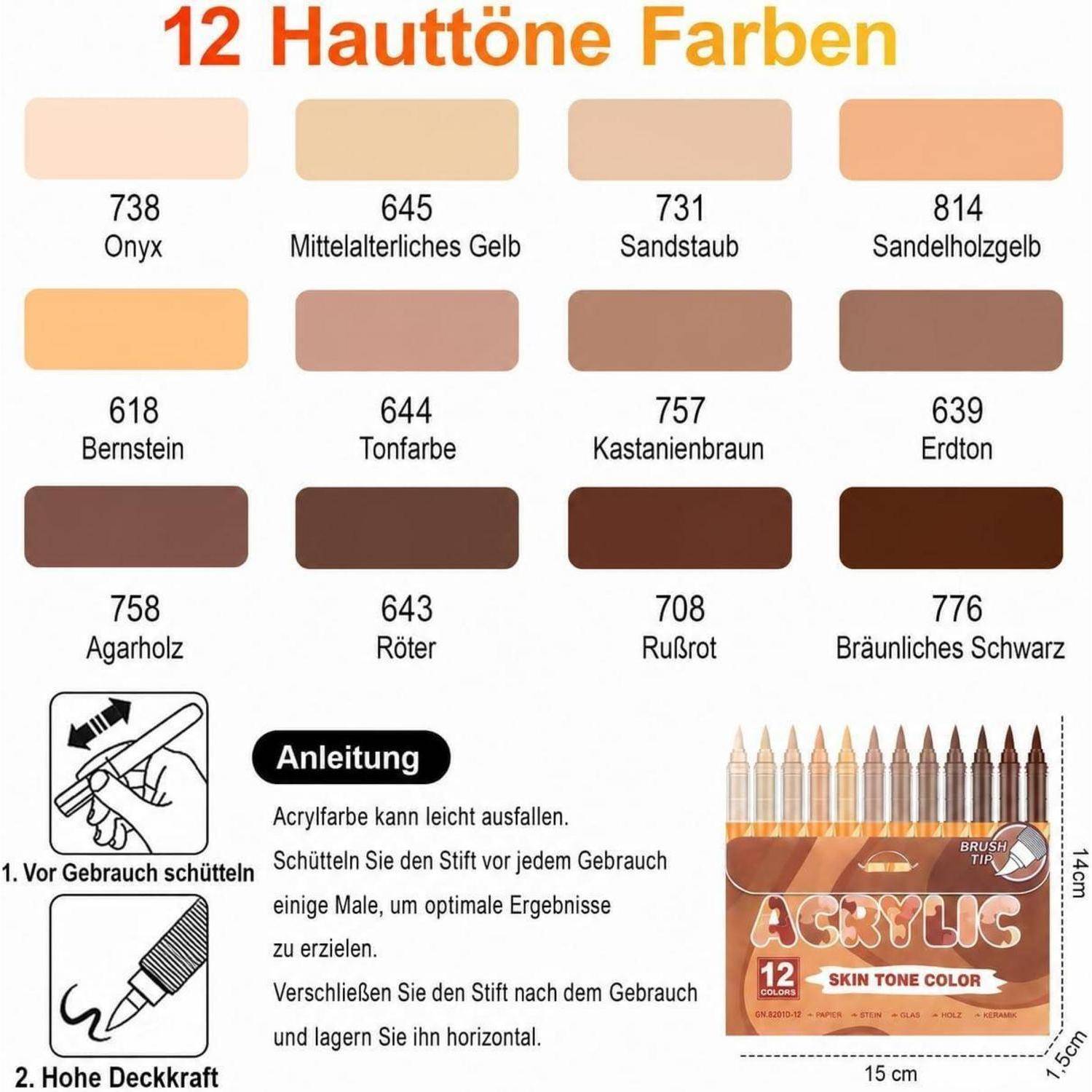 Laconile 12 Farben Acrylstifte für Hauttöne, Acrylstifte für steine wasserfest Mit flexibler Pinselspitze (0,5-1 mm) zum Bemalen von Steinen, Keram