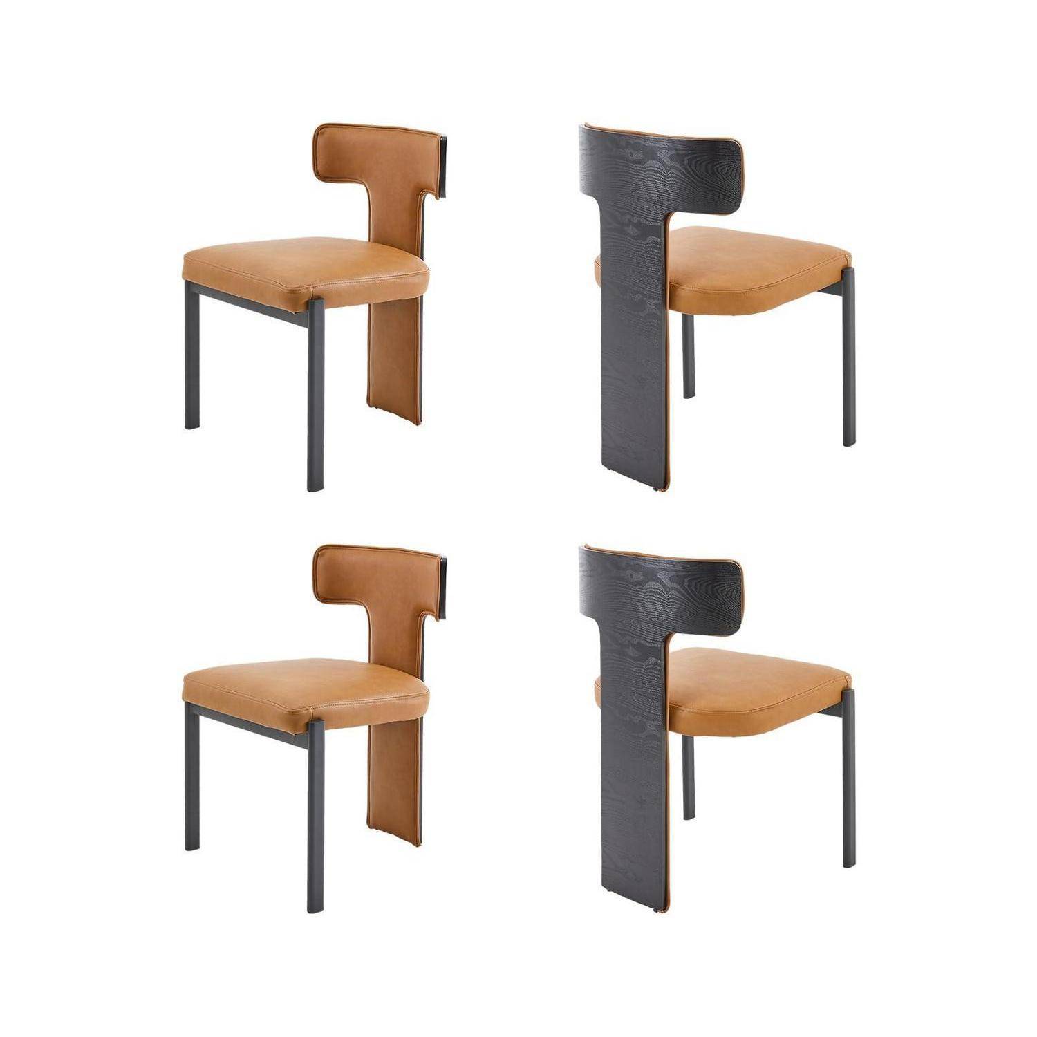 Vier Ansichten eines modernen Stuhls mit beigem Polstersitz, schwarzen Metallbeinen und einer hohen gebogenen Rückenlehne aus dunklem Holz oder Leder.