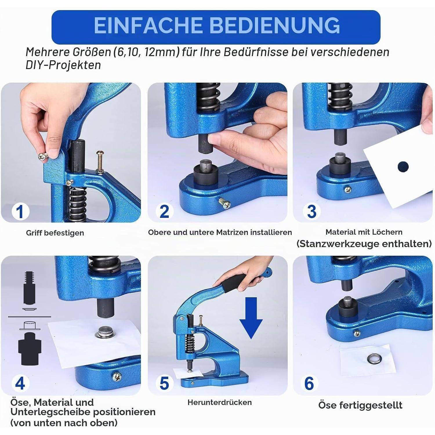FreeTec Handpresse Ösenmaschine Ösenzangen, 6/10/12mm Ösenstanze Ösenpresse set mit 3 Matrizen 1500 Silber Ösen und Hammer für Planen Kleidung G