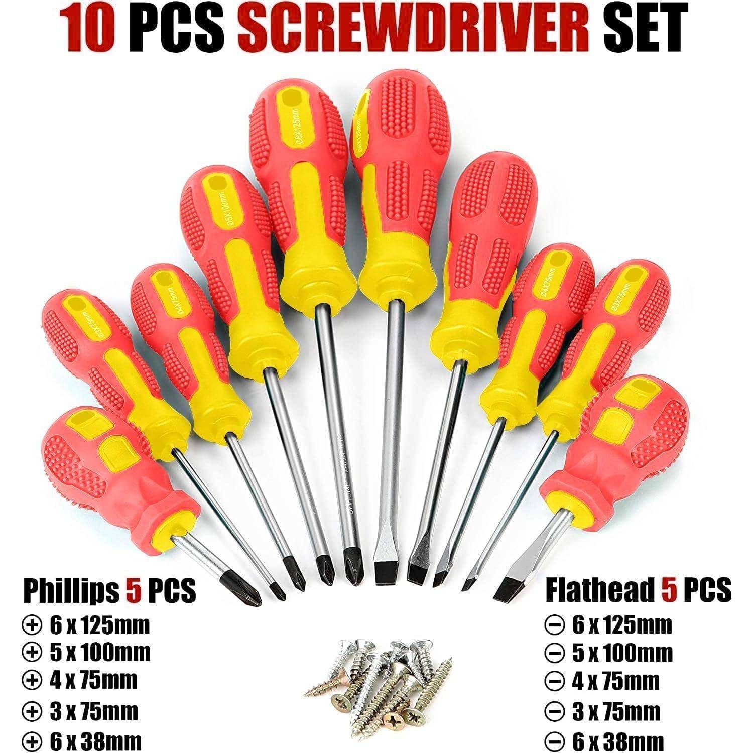Anzeige für einen 10-teiligen Schraubendrehersatz: fünf Phillips-Schraubendreher und fünf Schlitzschraubendreher, mit Größen von 3x75mm bis 6x125mm aufgelistet.