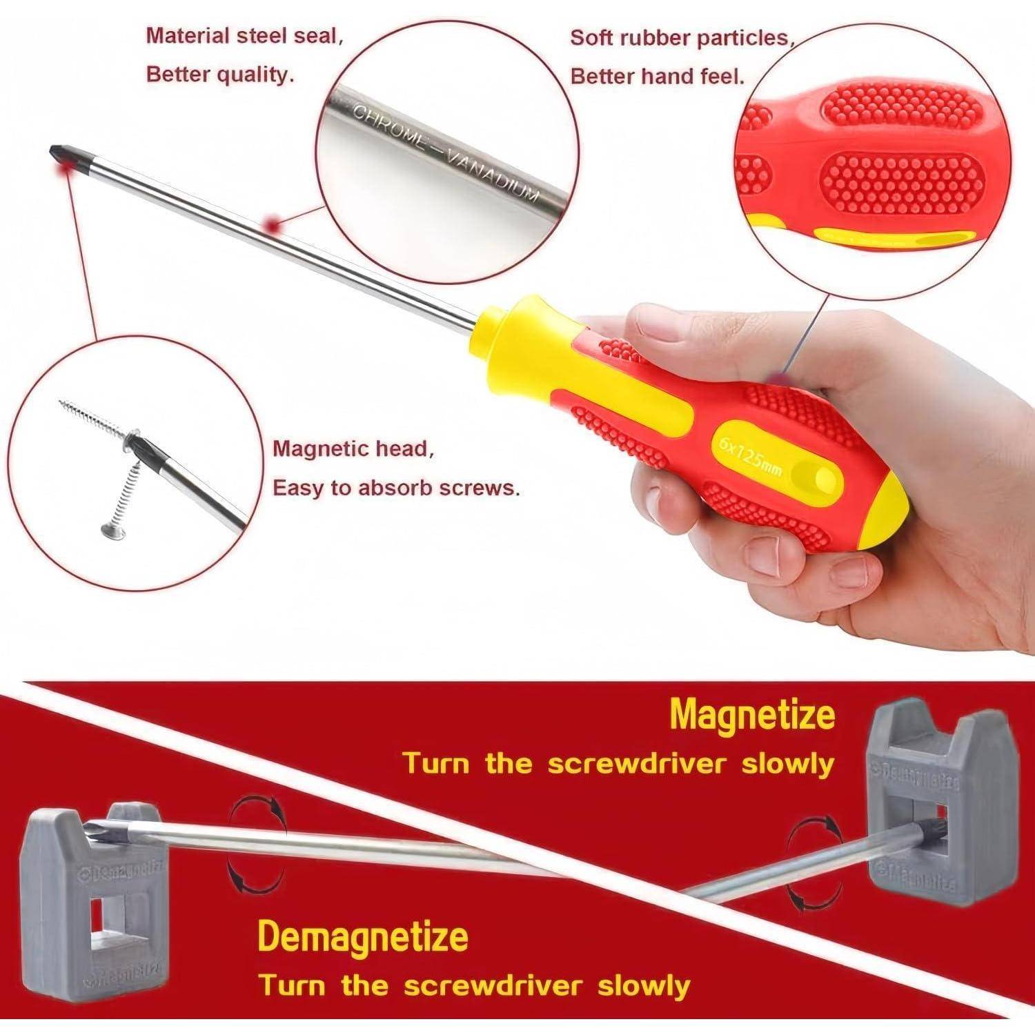 Illustrierter Schraubendreher mit magnetisiertem Stahlschaft und Gummigriff, zeigt magnetischen Kopf und Nahaufnahmen der Materialien; unteres Feld zeigt Magnetisierung und Entmagnetisierung mit einem Magneten.