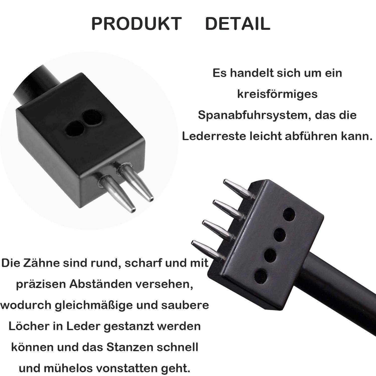 Produktdetails eines runden Lederlochgeräts mit runden, scharfen Zähnen; der Text besagt, dass es Lederreste mühelos entfernt und saubere, gleichmäßige Löcher erzeugt.