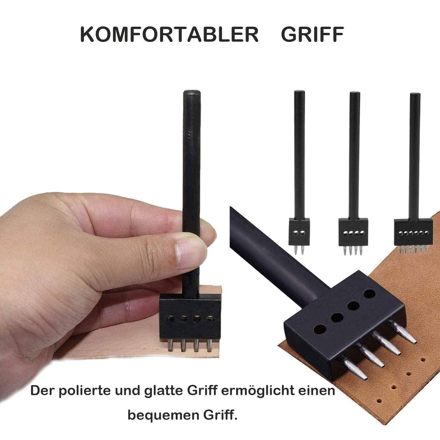 Produktbild zeigt einen schwarzen ergonomischen Griff mit Metallzinken auf einer Lederwerkzeugbasis, mit der Bezeichnung „KOMFORTABLER GRIFF" und deutschem Text über einen angenehmen polierten Griff.
