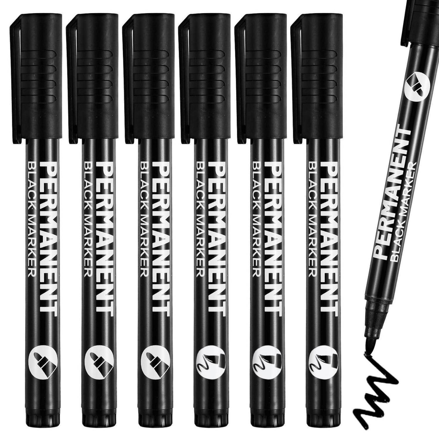 6 Stück Permanent Marker Schwarz, 2-5mm Fadenbreite Acrylstifte Schwarz, Wasserfest Schnell Trocknender Lackstift, Schwarzer Filzstift für Karton,