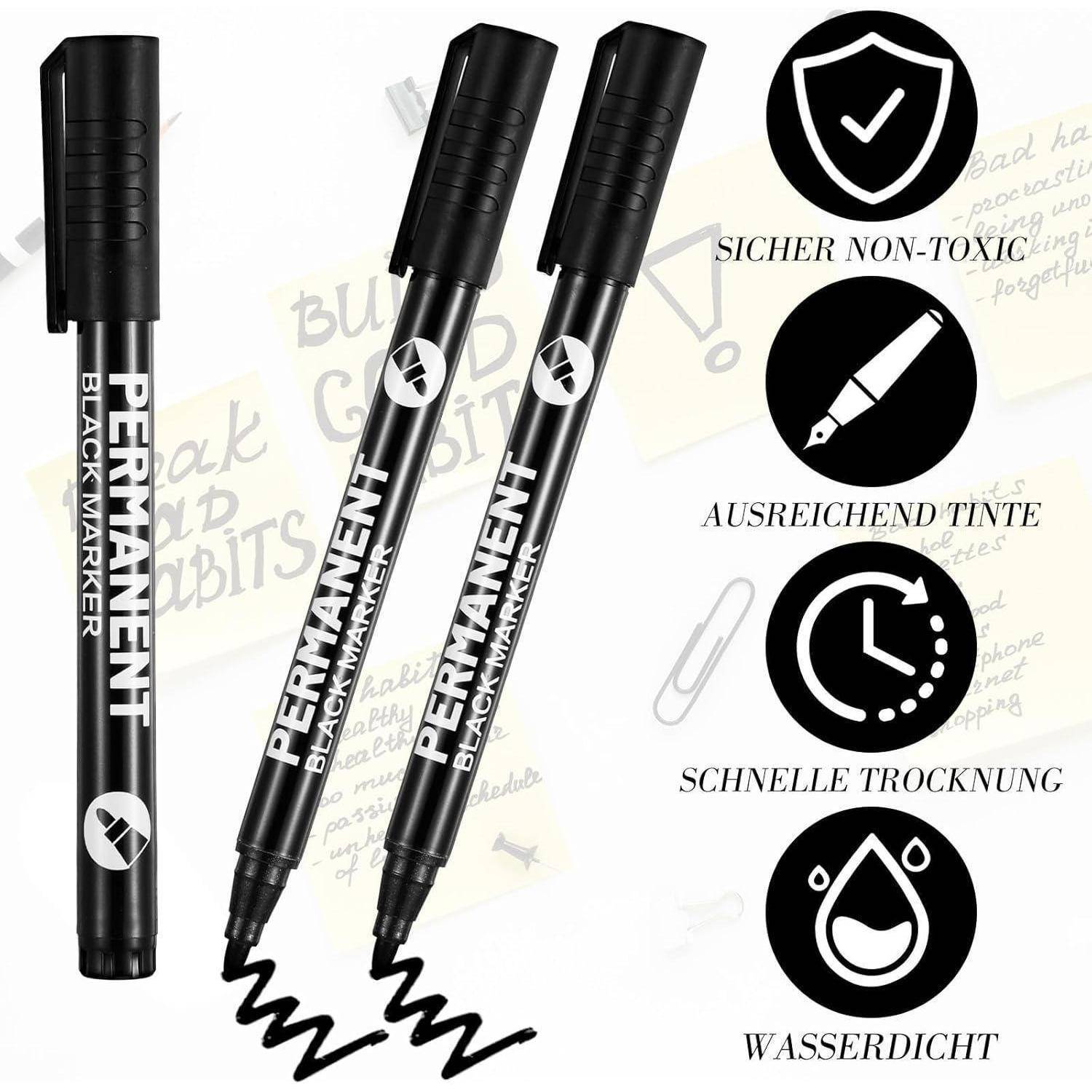 6 Stück Permanent Marker Schwarz, 2-5mm Fadenbreite Acrylstifte Schwarz, Wasserfest Schnell Trocknender Lackstift, Schwarzer Filzstift für Karton,