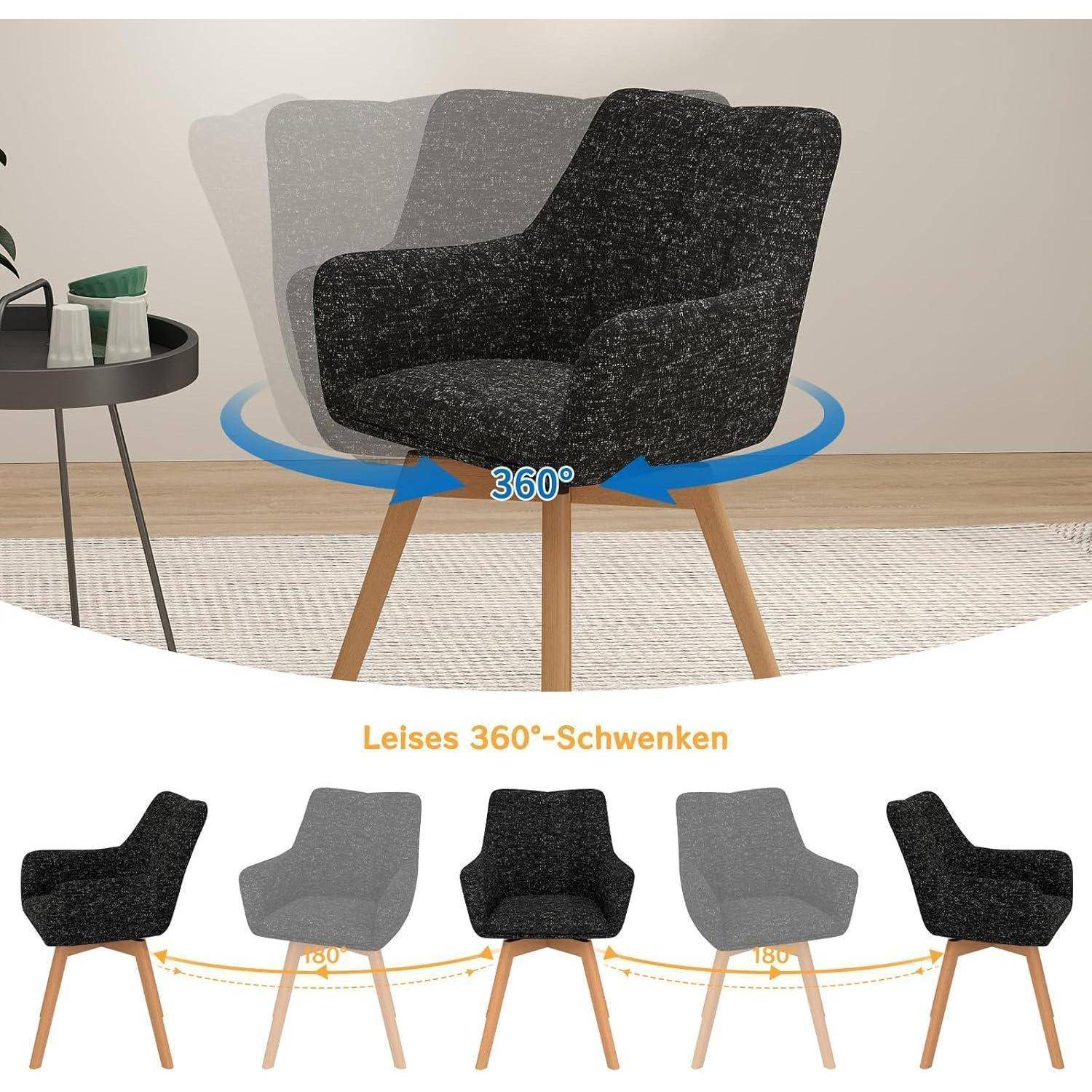 Sessel rotiert 360 Grad, angezeigt mit Pfeilen und dem Text „Leises 360°-Schwenken", das stille Schwenkbewegung anzeigt.