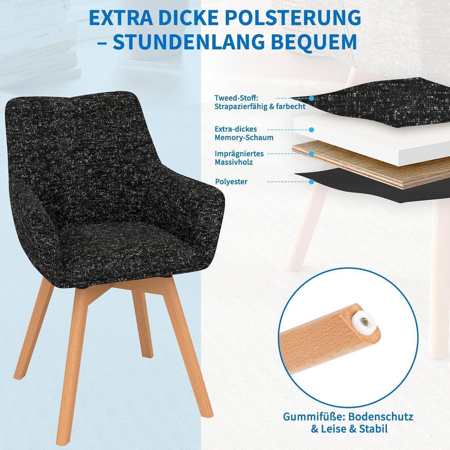Möbelanzeige mit einem schwarzen gepolsterten Stuhl mit Holzbeinen und Beschriftungen für extra dicke Polsterung, Gedächtnisschaum, Polsterschichten und fußbodenschützende Gummifüße.