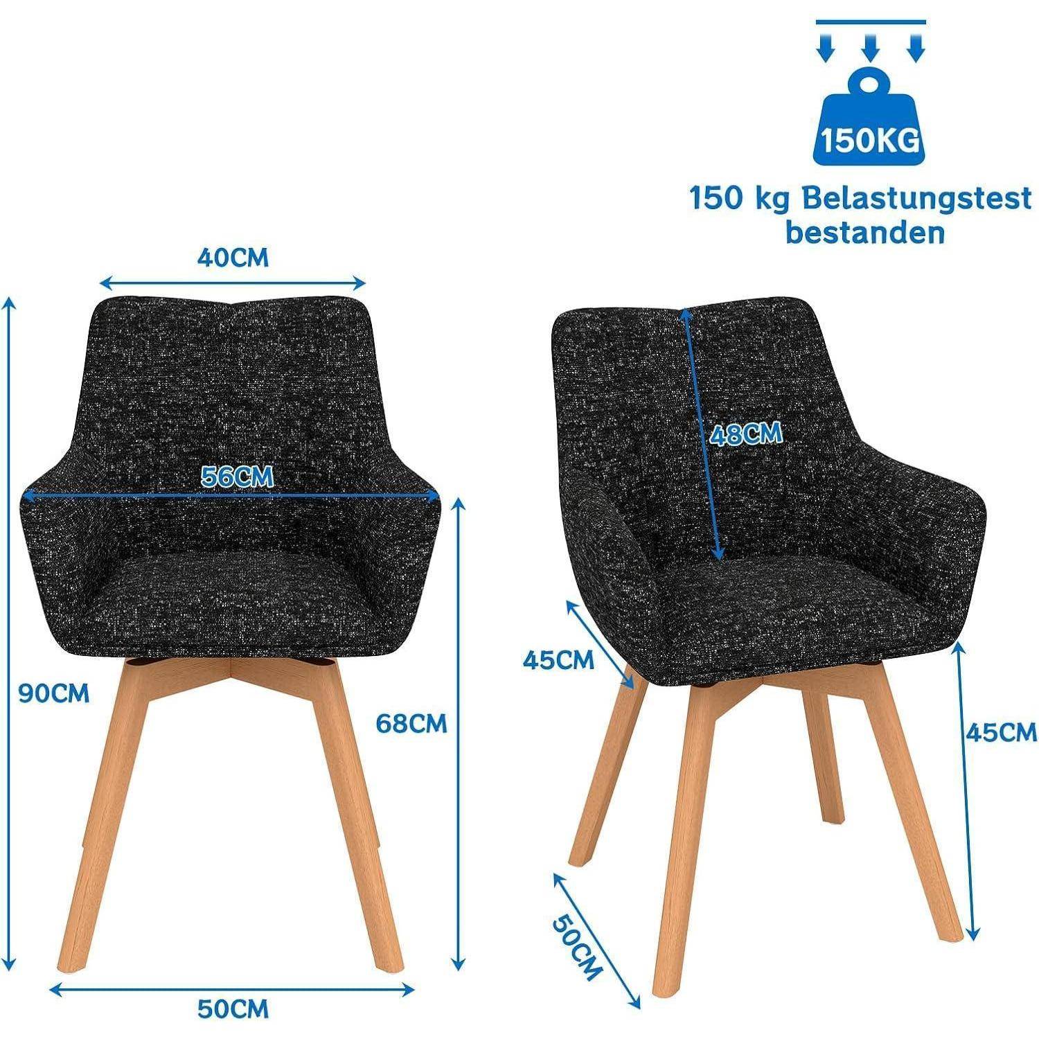 Abmessungen und Belastungsprobe für einen schwarz gepolsterten Stuhl mit Holzbeinen: 56 cm breit, 90 cm hoch, 50 cm tief, Sitzhöhe 45 cm, 150 kg geprüft.