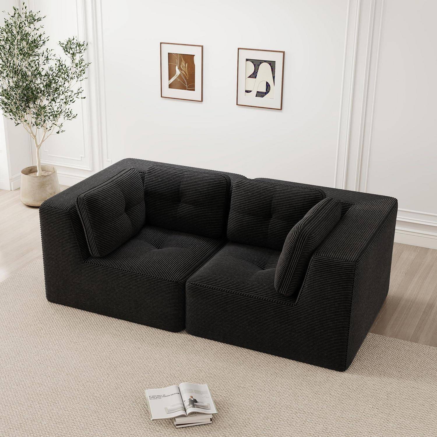 Sofa Modulares Ecksofa mit Ottoman – Kein Aufbau Nötig, Tiefe Sitzfläche, Bequemes Cord-Sofa für Wohnzimmer, Apartment, Büro Schwarz 2C