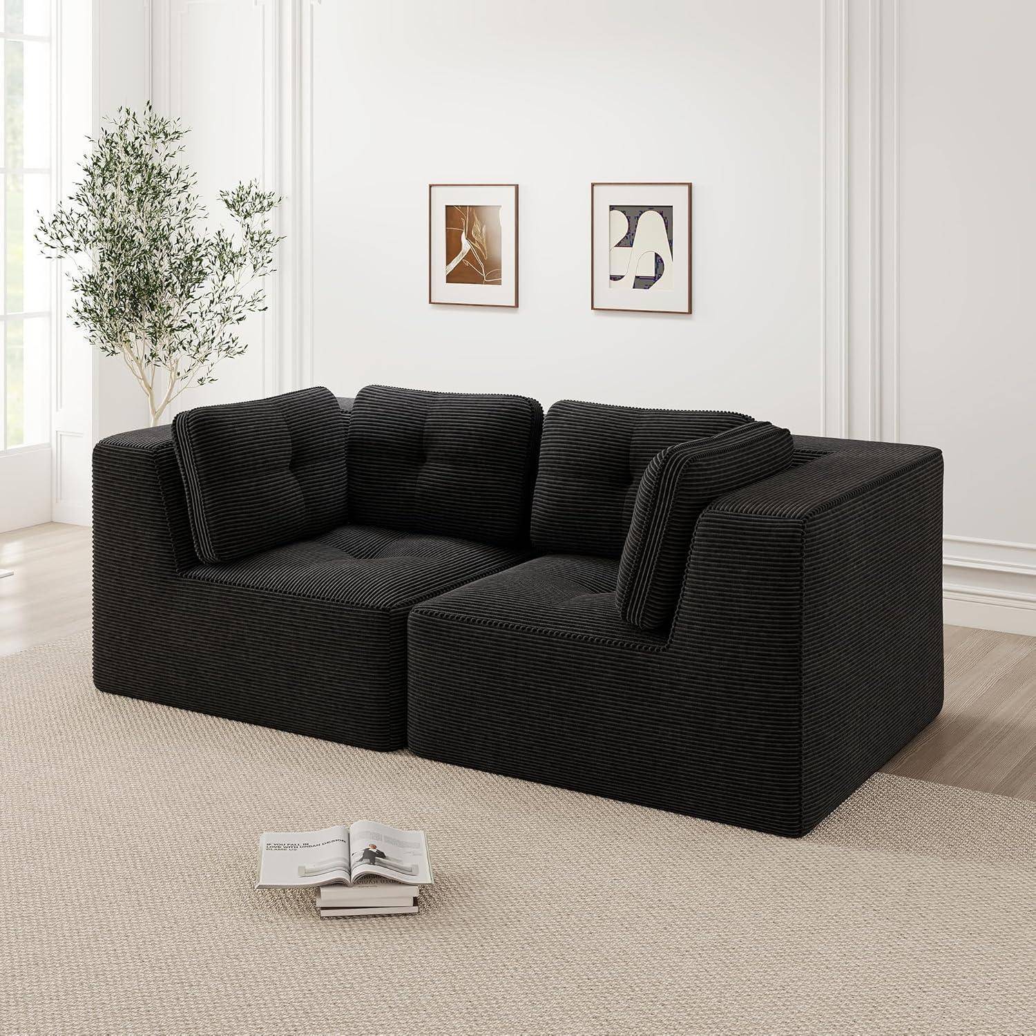 Sofa Modulares Ecksofa mit Ottoman – Kein Aufbau Nötig, Tiefe Sitzfläche, Bequemes Cord-Sofa für Wohnzimmer, Apartment, Büro Schwarz 2C