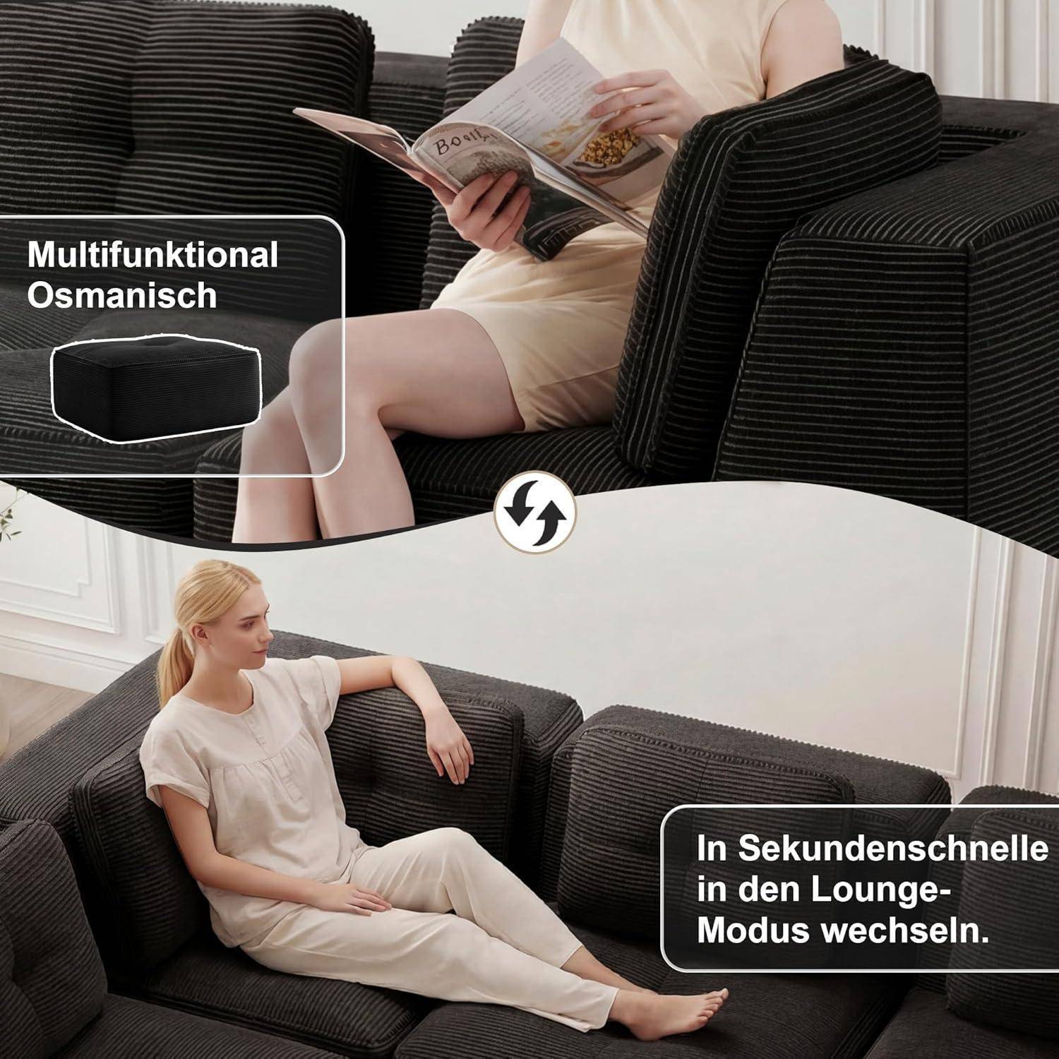 Werbefoto einer schwarzen multifunktionalen Ottomane-Sofa: oben dargestellt als Armlehne/Fußstütze, unten zeigt die Umwandlung in einen Lounge-Sessel.