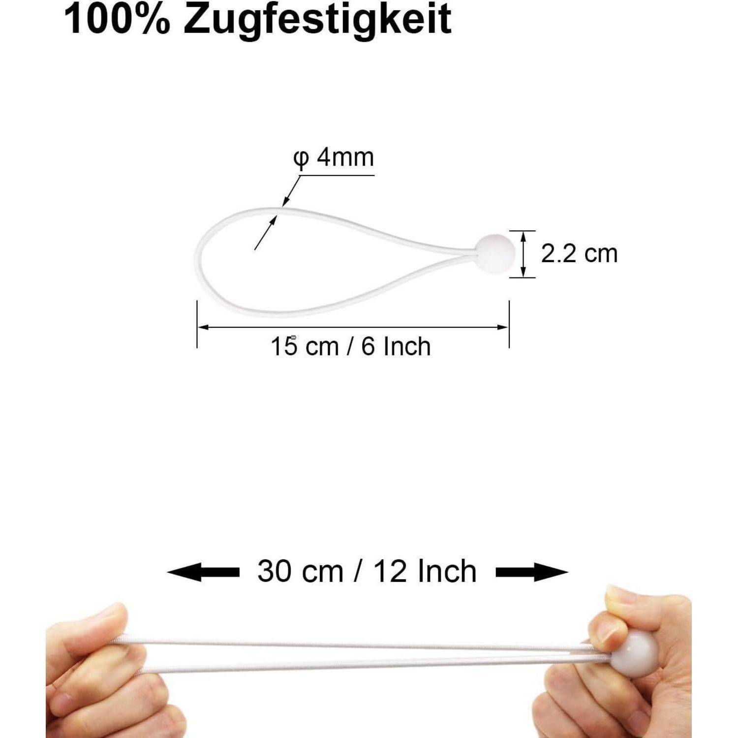Diagramm zeigt eine Silikonschleife mit Kugelende, gekennzeichnet mit 4 mm Durchmesser, 15 cm Länge und 2,2 cm Endgröße; unten dehnen Hände sie auf 30 cm / 12 Zoll mit „100% Zugfestigkeit