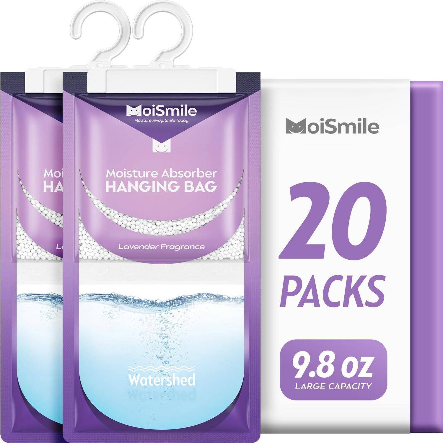 Produktpaket für MoiSmile Feuchtigkeitsabsorber Hängbeutel, Lavendelduft, 20er Pack, 9,8 oz große Kapazität, mit abgebildeten Aufhängehaken.
