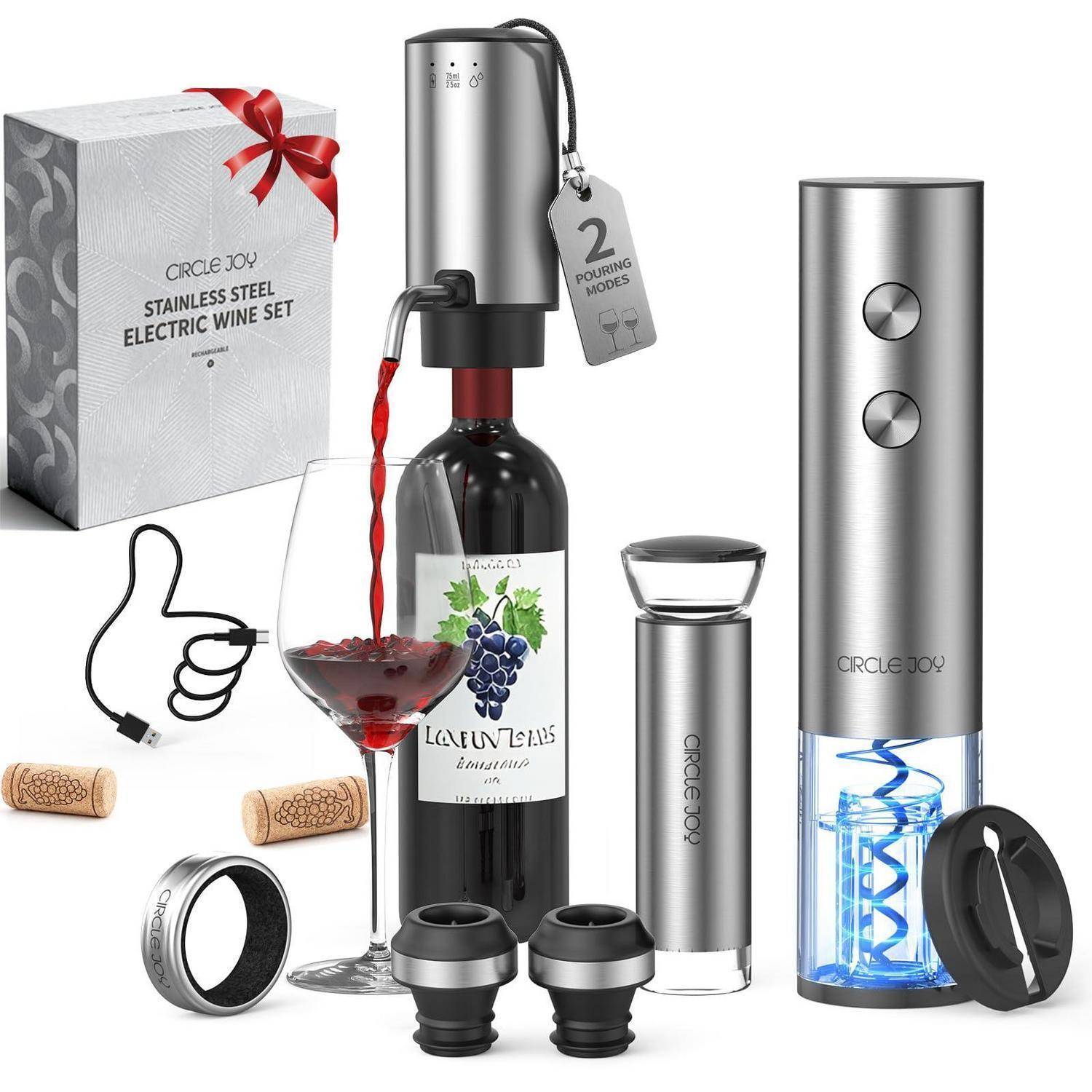 Edelstahl-Elektro-Weinset mit Öffner, Belüfter, Vakuumstopfen, Folienschneider und Ladekabel, dargestellt mit Weinflasche und Geschenkbox.