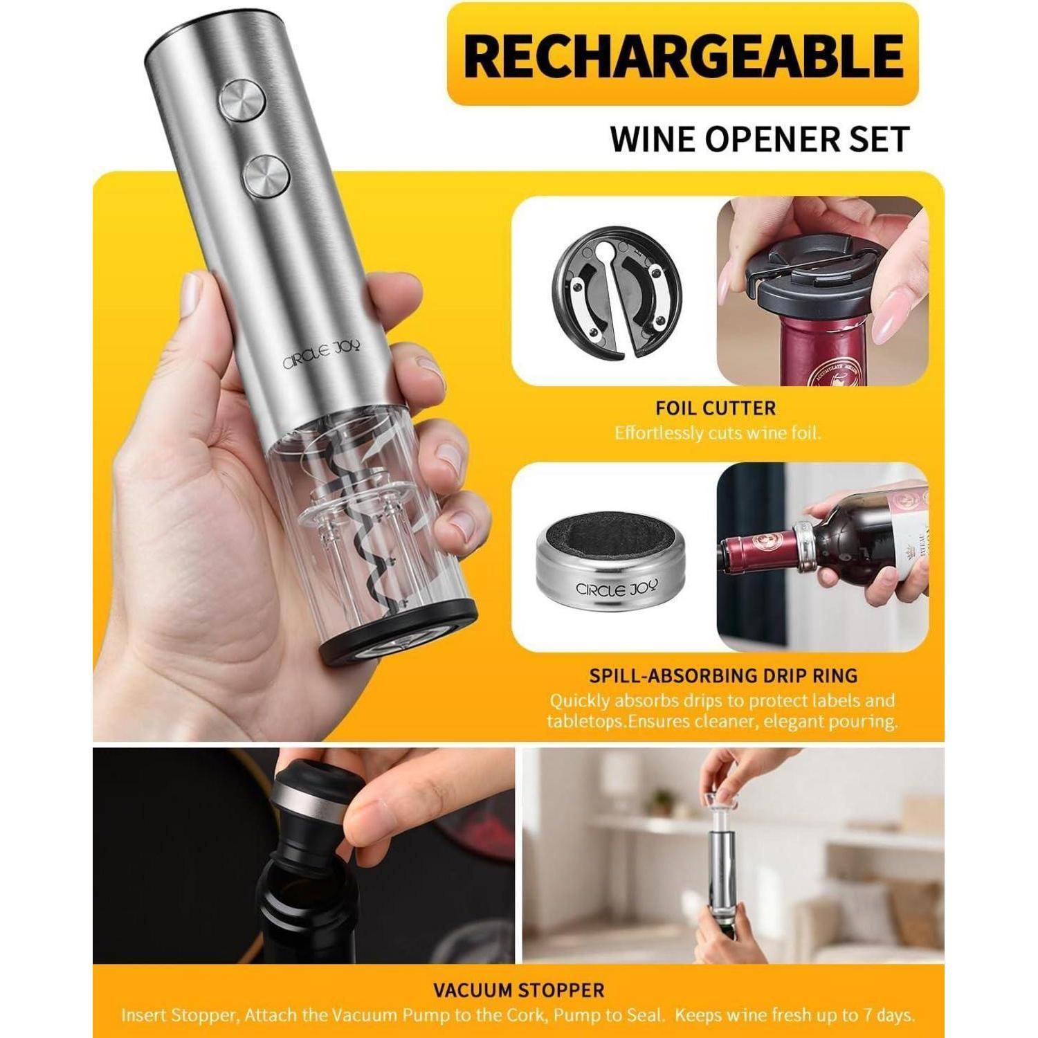 Aufladbares Weinöffnerset mit tragbarem elektrischen Korkenzieher, Folienschneider, tropfenabsorbierendem Tropfring und Vakuumverschluss; Produktlayout für Werbezwecke.