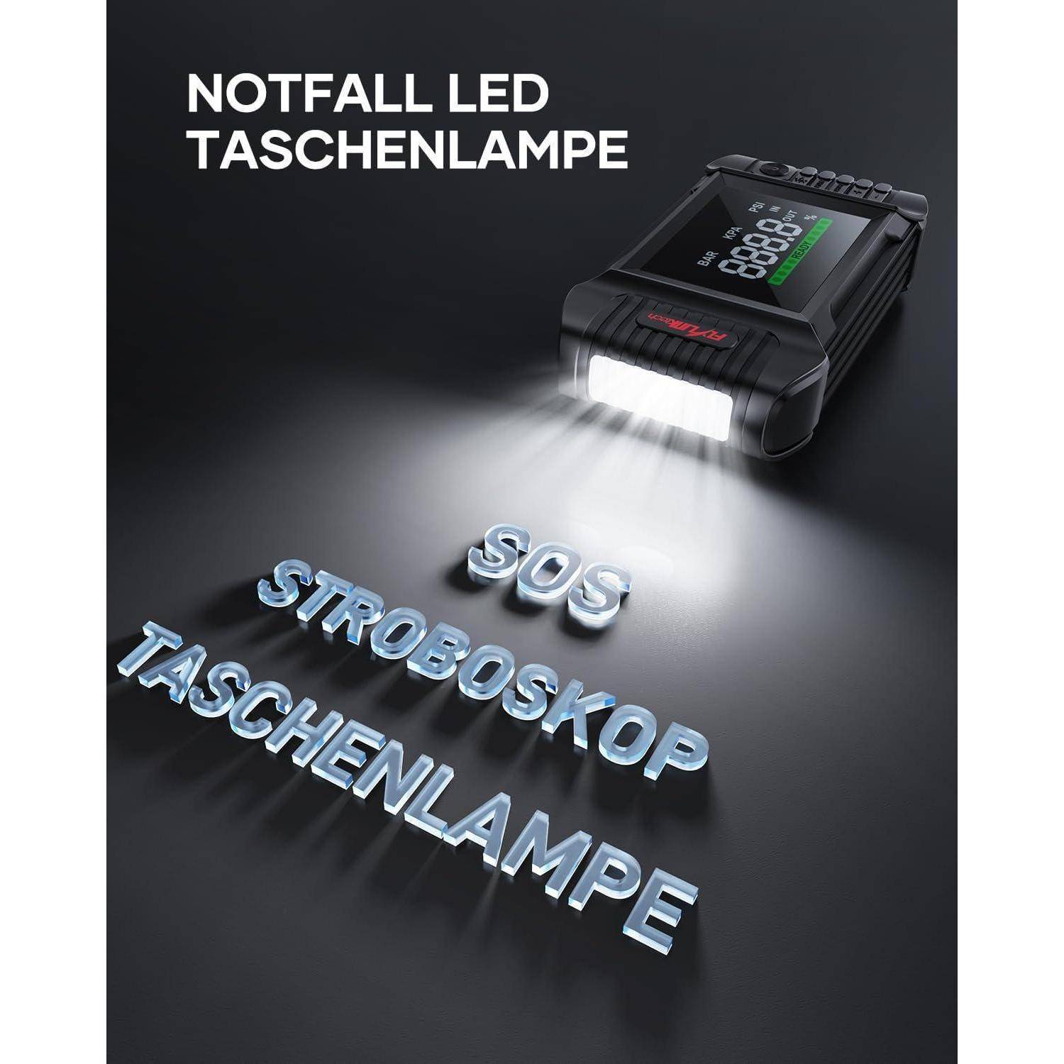FLYLINKTECH Starthilfe Powerbank mit Kompressor, 150PSI 7000A Spitzenstrom Starter Powerbank für Alle Benzinmotor oder 10,0L Dieselmotoren,Auto