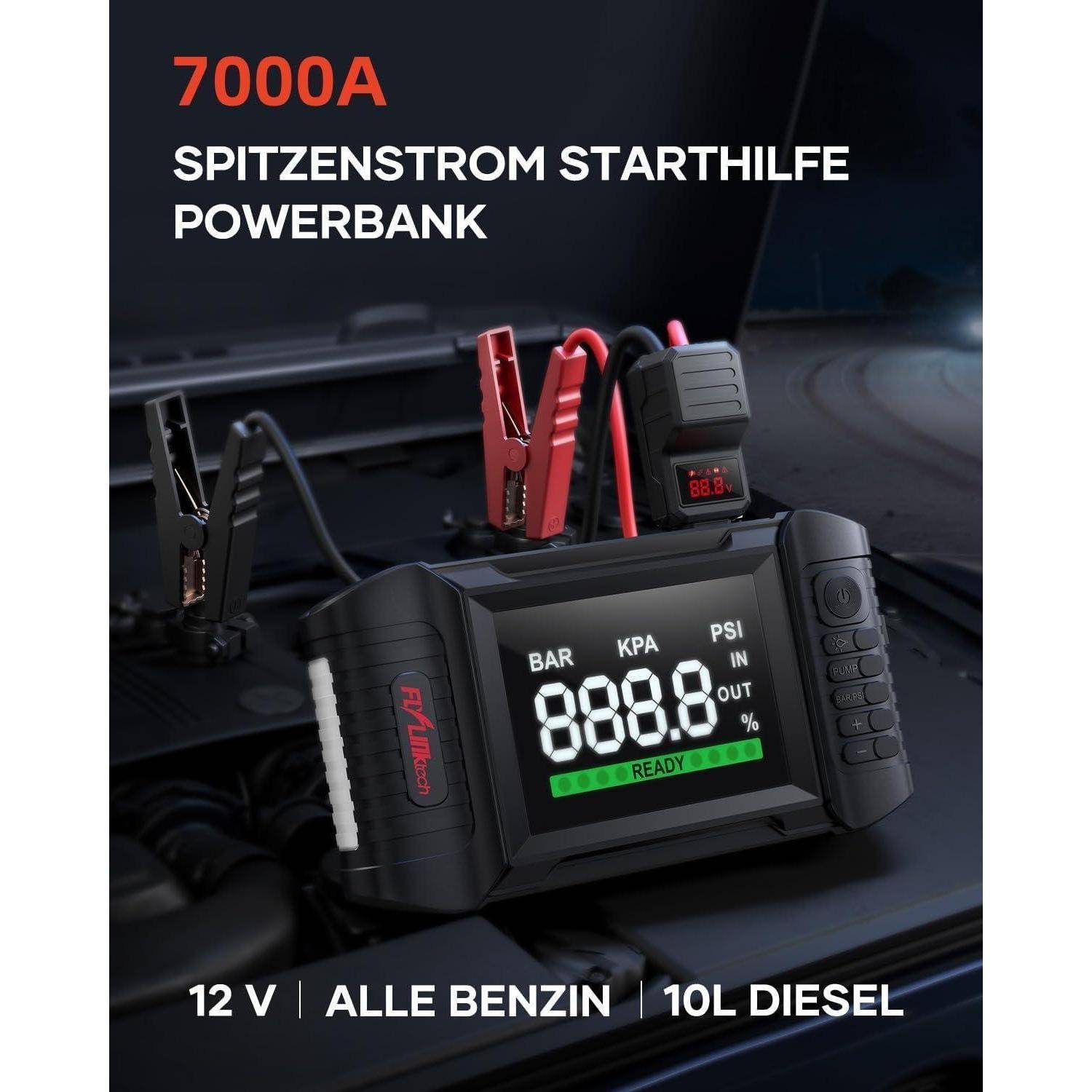 FLYLINKTECH Starthilfe Powerbank mit Kompressor, 150PSI 7000A Spitzenstrom Starter Powerbank für Alle Benzinmotor oder 10,0L Dieselmotoren,Auto