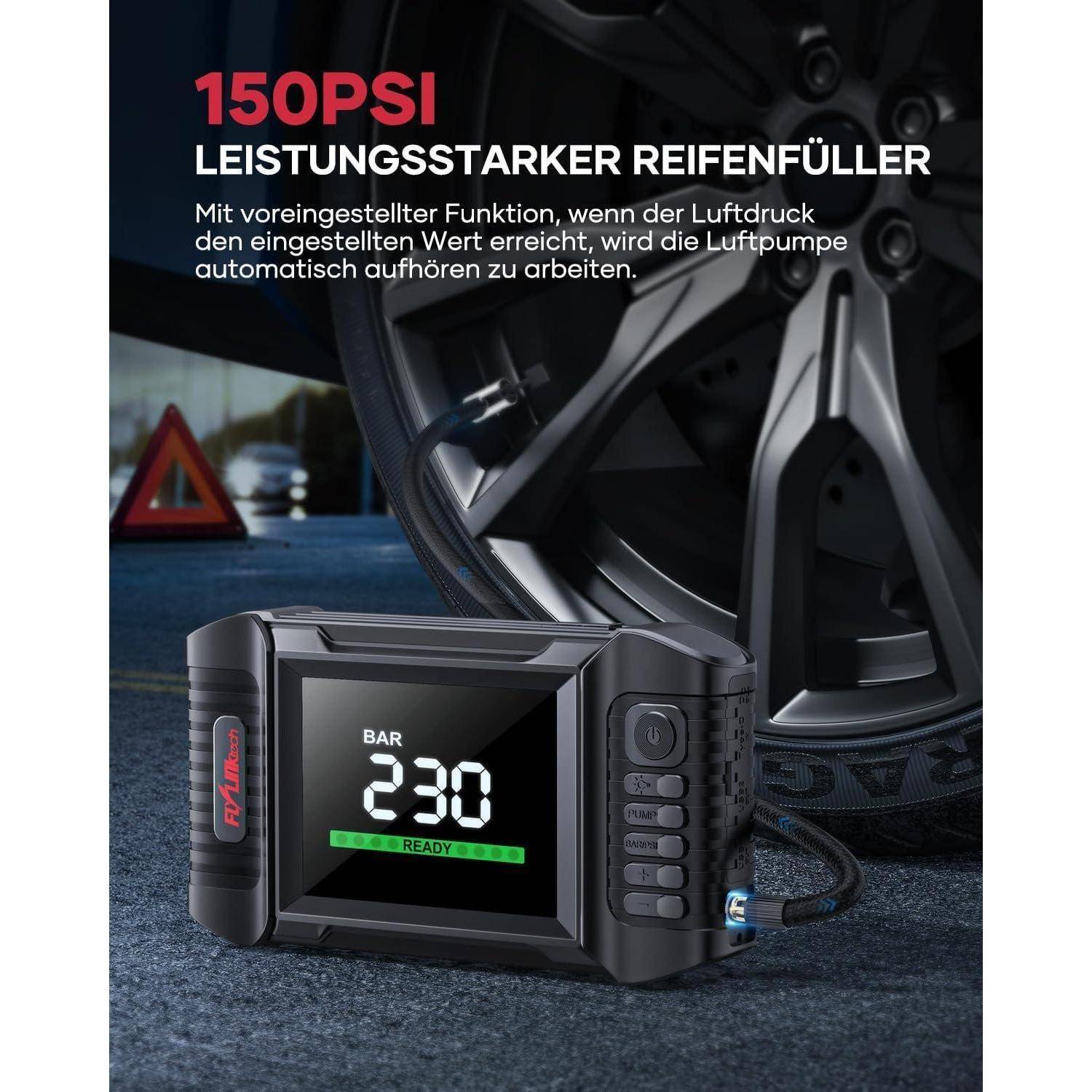 FLYLINKTECH Starthilfe Powerbank mit Kompressor, 150PSI 7000A Spitzenstrom Starter Powerbank für Alle Benzinmotor oder 10,0L Dieselmotoren,Auto