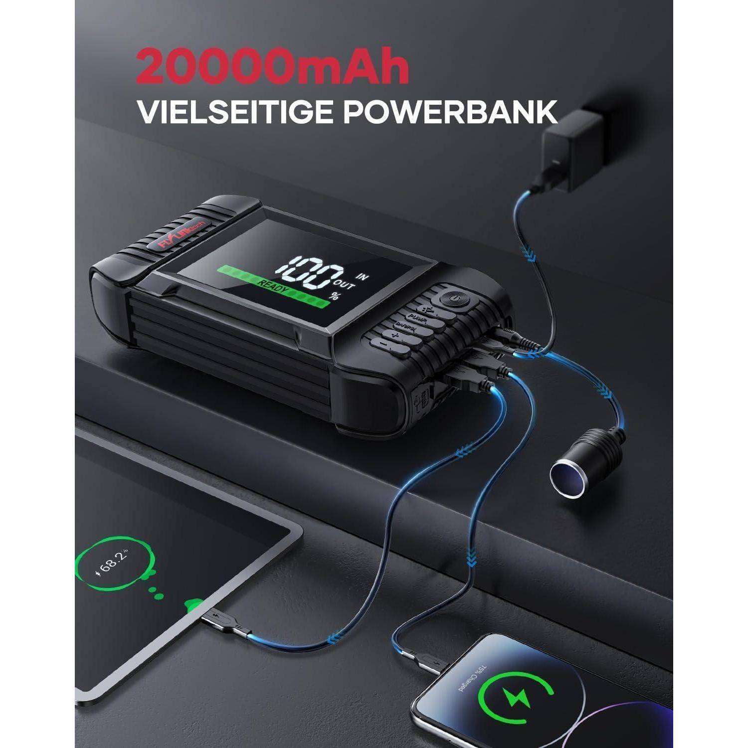 FLYLINKTECH Starthilfe Powerbank mit Kompressor, 150PSI 7000A Spitzenstrom Starter Powerbank für Alle Benzinmotor oder 10,0L Dieselmotoren,Auto