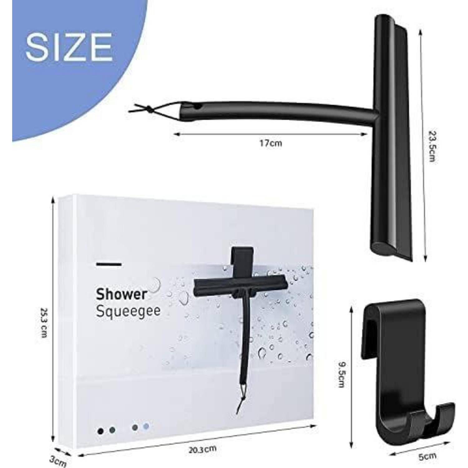 Produktgrößen-Diagramm für einen schwarzen Duschabzieher und eine Wandhalterung, die Abmessungen des Abziehers, der Verpackungsbox und der Halterung in Zentimetern zeigt.