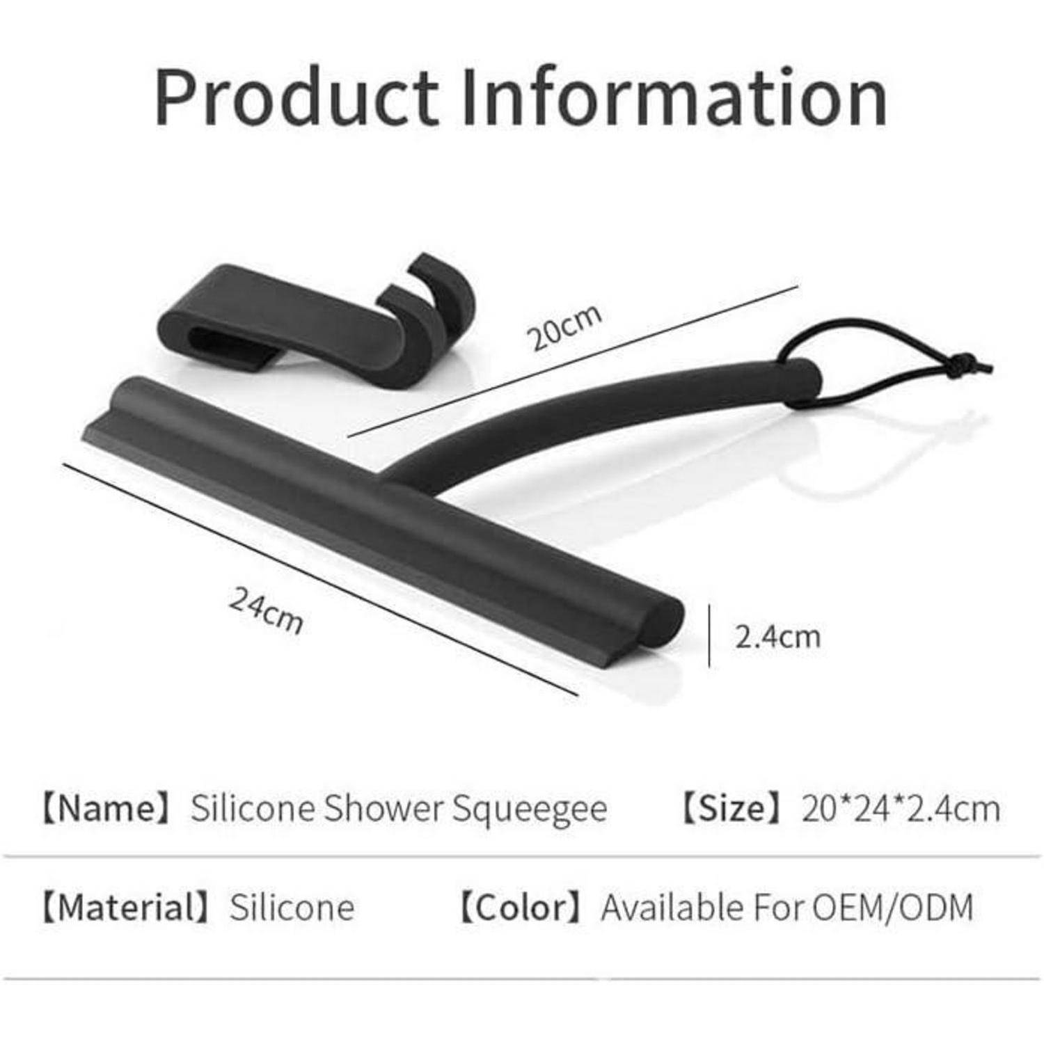 Produktinformationsbild für einen Silikon-Duschrakel mit den Abmessungen 20 cm, 24 cm und 2,4 cm, gekennzeichnet als Silikon, erhältlich für OEM/ODM.