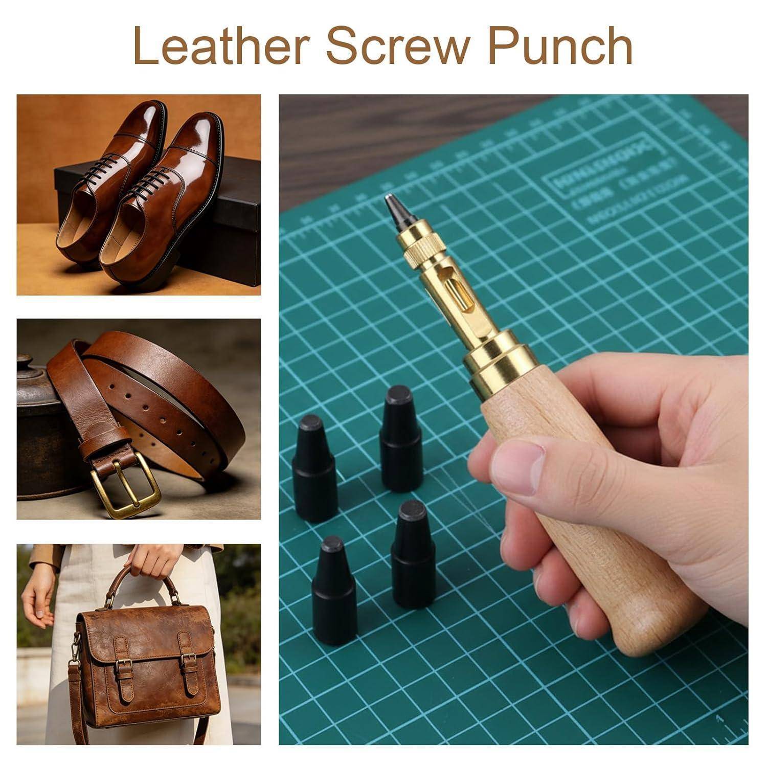 Collage mit dem Titel „Leder-Schraublochstanze" zeigt eine Hand, die ein Messing-Lederlochstanzwerkzeug mit austauschbaren Spitzen hält, sowie Beispiele von gestanztem Leder an Schuhen, Gürtel und Tasche.