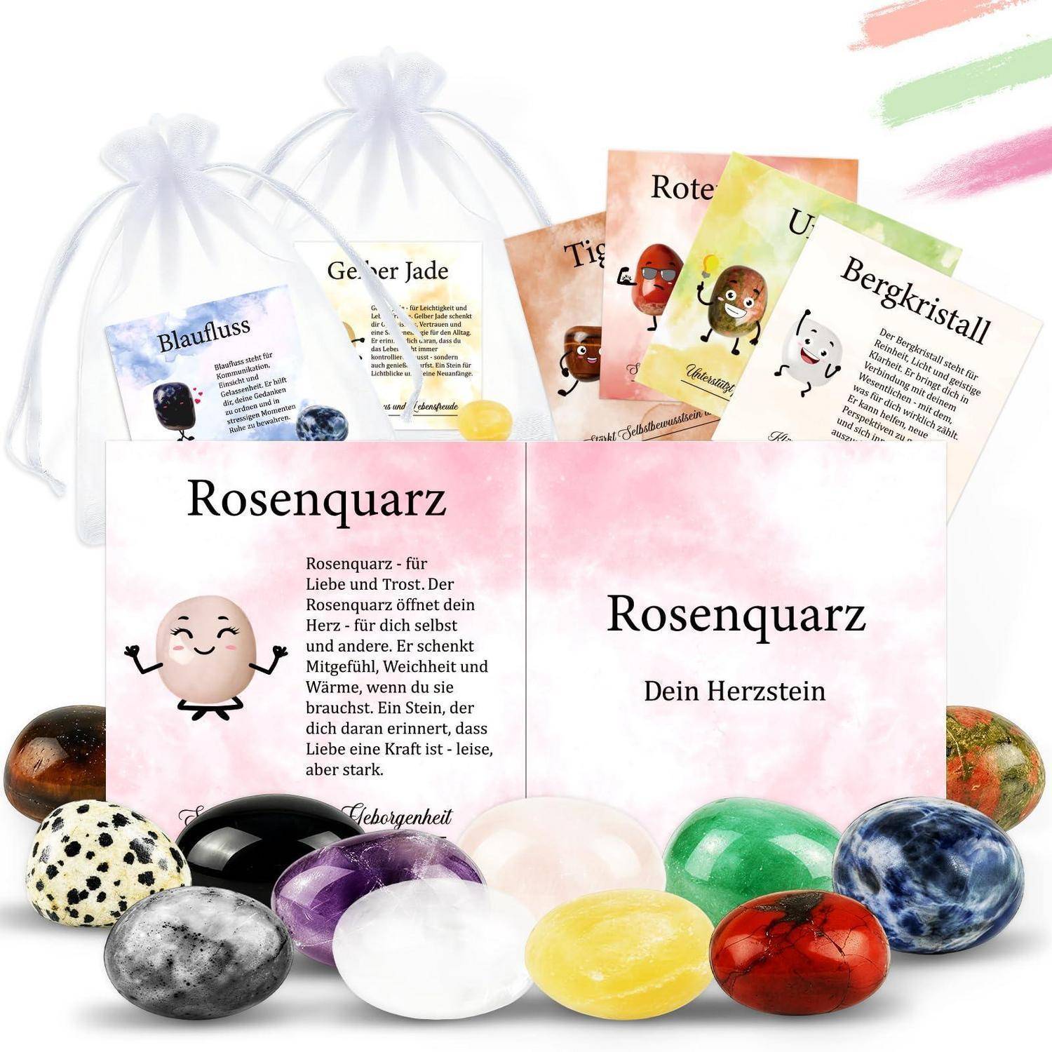 Rosenquarz-Produktausstellung mit zwei rosa Infokarten und mehreren polierten Edelstein-Eiern in verschiedenen Farben, plus kleine beschriftete Kristallkarten in Geschenkbeuteln dahinter.