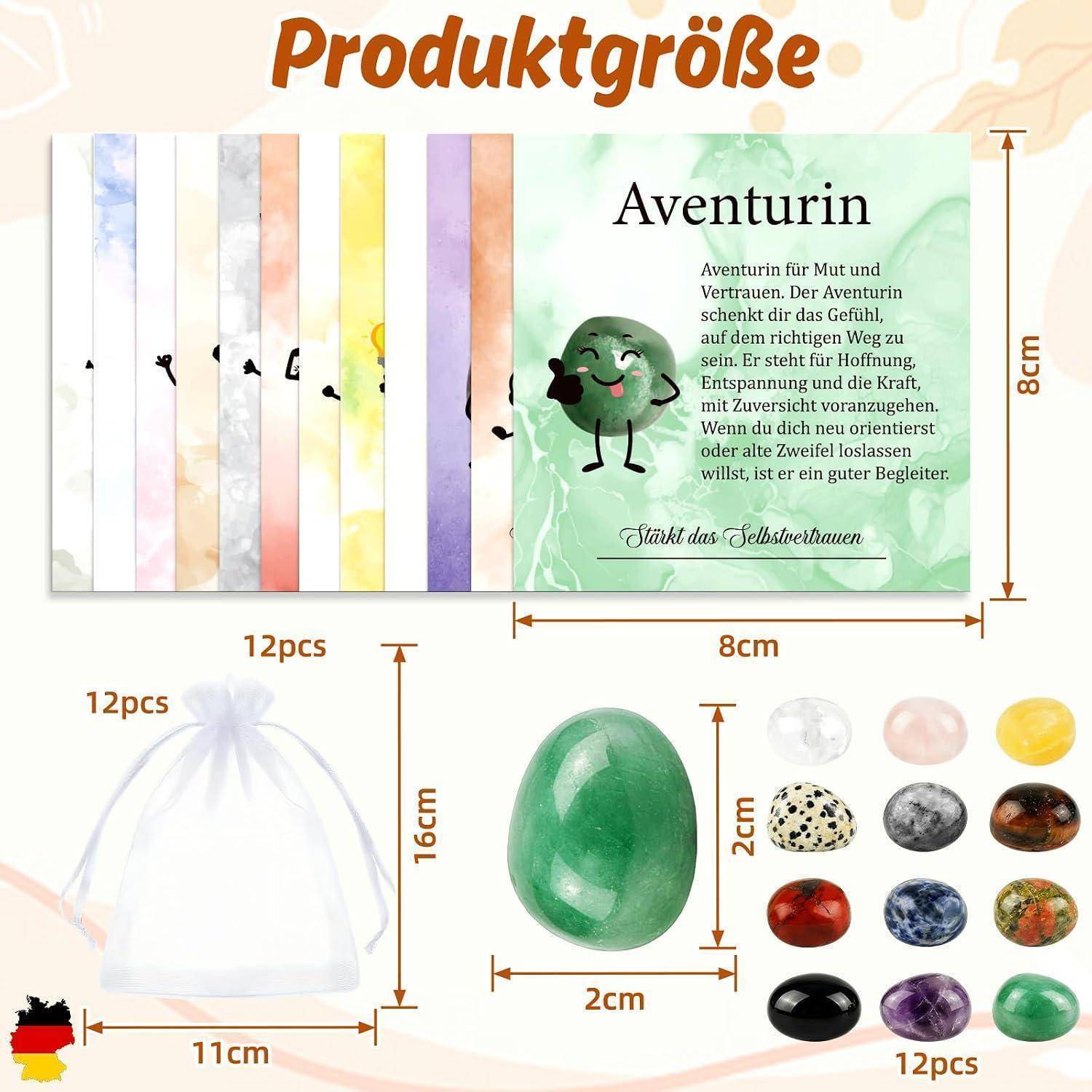 Produktgrößen-Infografik für Aventurin: 12 polierte Steinteile, je 2 cm, plus ein 12er-Beutel mit 16 cm Höhe und Paketabmessungen 11 cm breit x 8 cm hoch.
