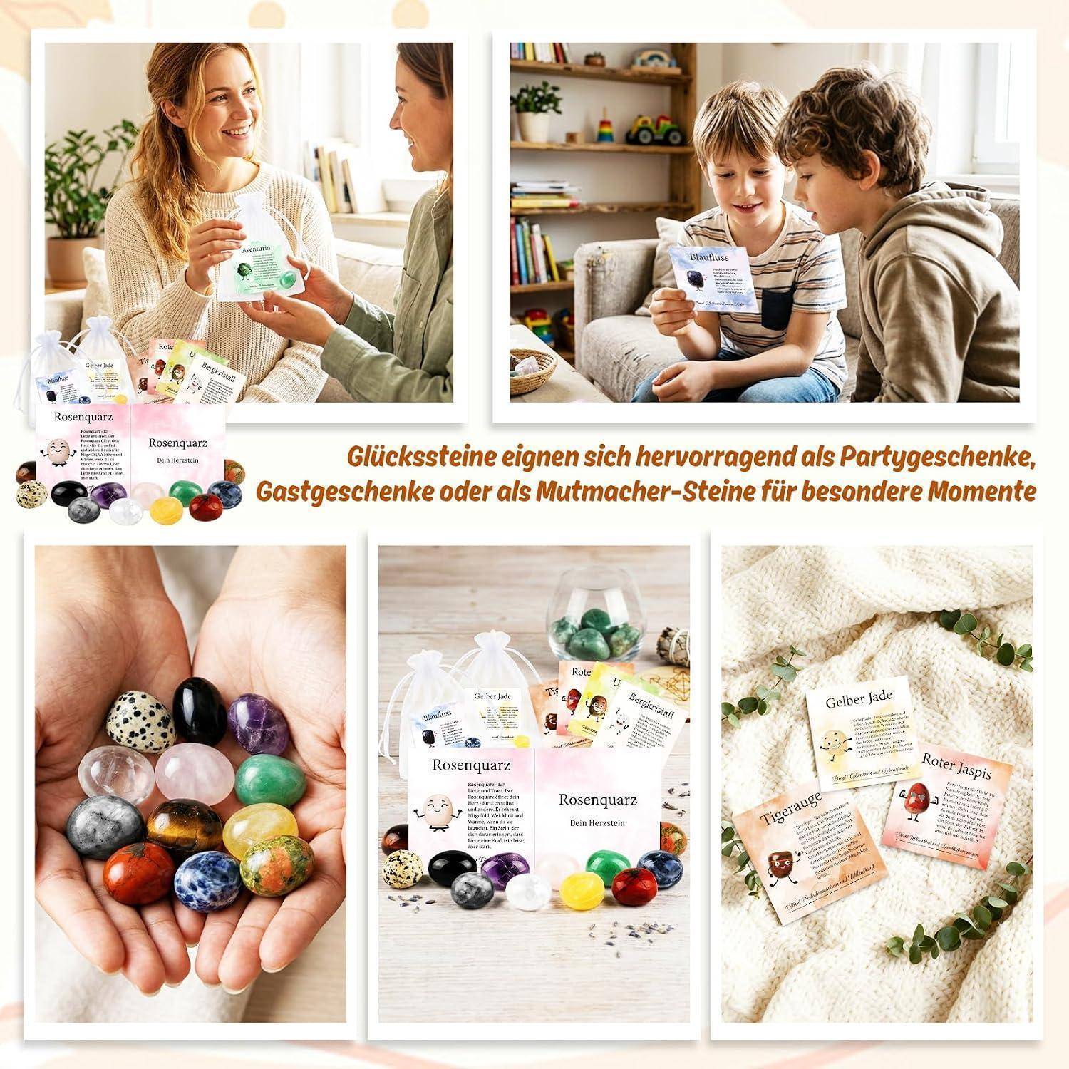 Collage mit bunten polierten Kristallsteinen in Händen, in Geschenkpackungen und mit Kindern, die Karten lesen; der Text besagt, dass sie ideal als Party-, Geschenk- oder Ermutigungssteine sind.