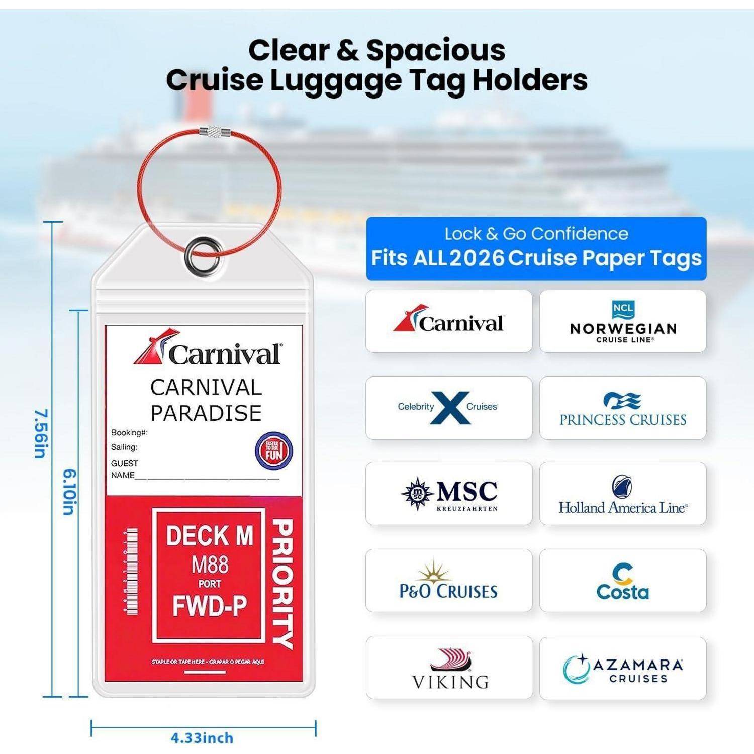 [2025 Cruise Essentials Kit] 4 wasserdichte transparente Gepäckanhänger + 2 abnehmbare Schlüsselbänder und 4 magnetische Haken | Cruise Must Haves