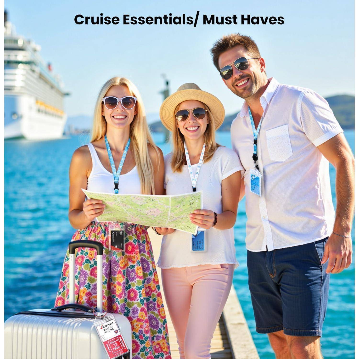 [2025 Cruise Essentials Kit] 4 wasserdichte transparente Gepäckanhänger + 2 abnehmbare Schlüsselbänder und 4 magnetische Haken | Cruise Must Haves