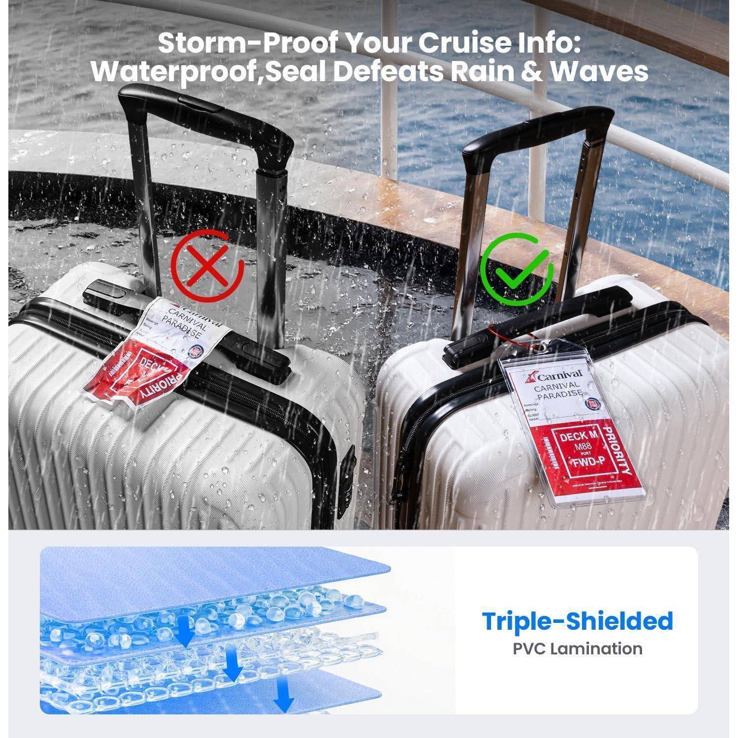[2025 Cruise Essentials Kit] 4 wasserdichte transparente Gepäckanhänger + 2 abnehmbare Schlüsselbänder und 4 magnetische Haken | Cruise Must Haves