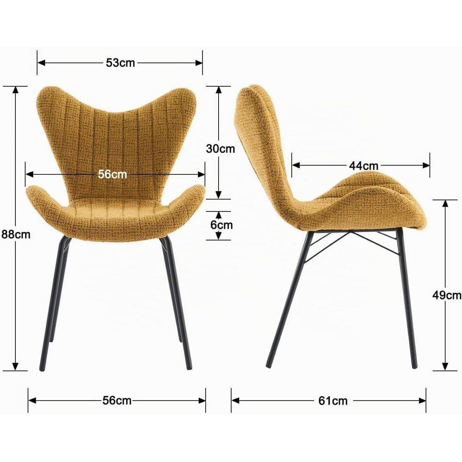 Diagramm eines mit Senf gepolsterten Stuhls mit Vorder- und Seitenansicht und Abmessungen: 88cm Höhe, 56cm Breite, 61cm Tiefe, 49cm Sitzhöhe.