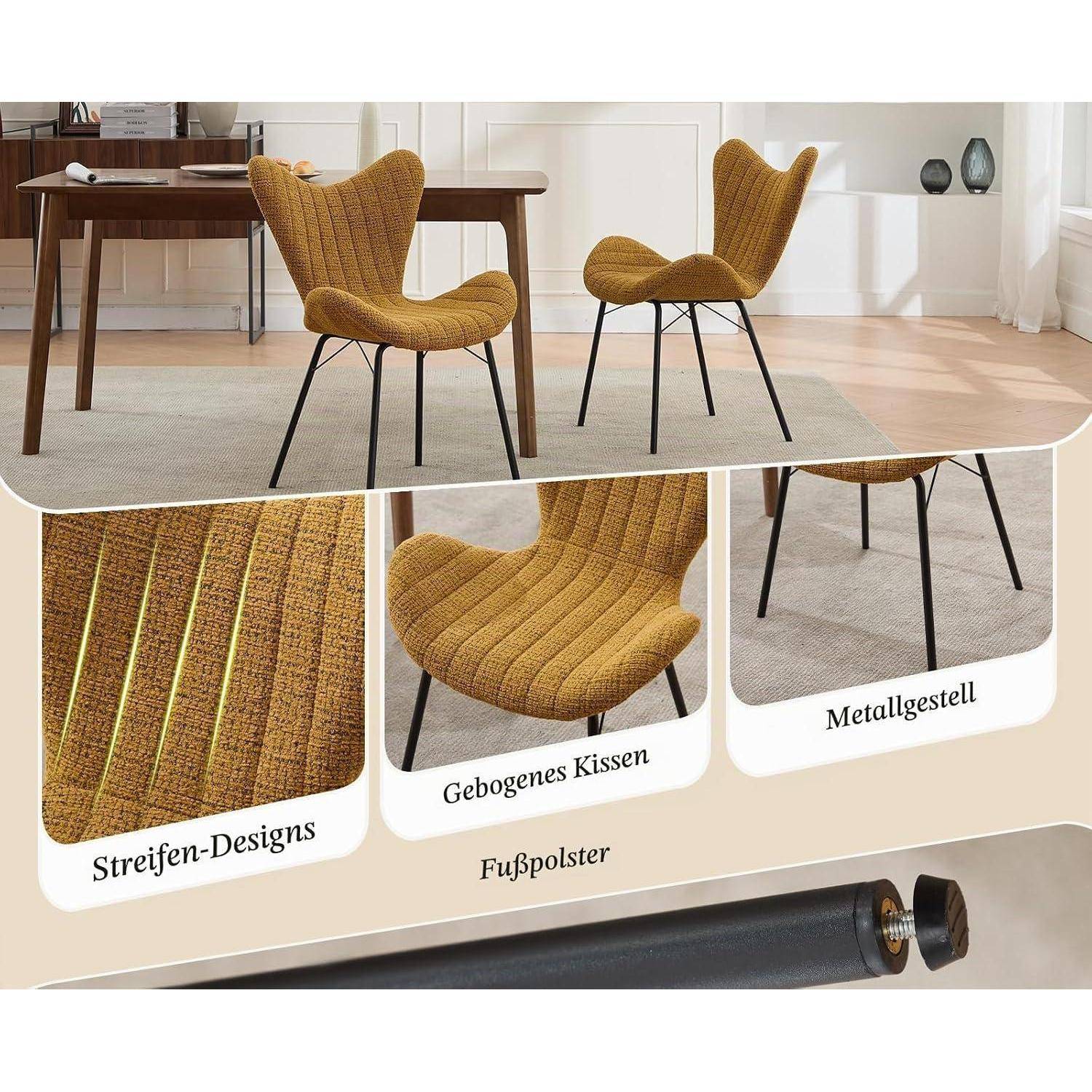 Werbebild von senfgelben gepolsterten Akzentstühlen mit schwarzen Metallbeinen neben einem Holztisch, das gestreifte Design, gewölbtes Kissen und Fußstützenmerkmale hervorhebt.