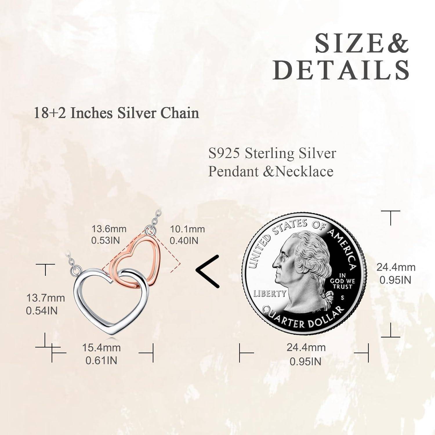 Größe und Details für ein S925-Sterlingsilber-Anhänger und eine Halskette mit 18+2 Zoll Silberkette; Herzanhänger neben einem Cent zum Größenvergleich gezeigt.