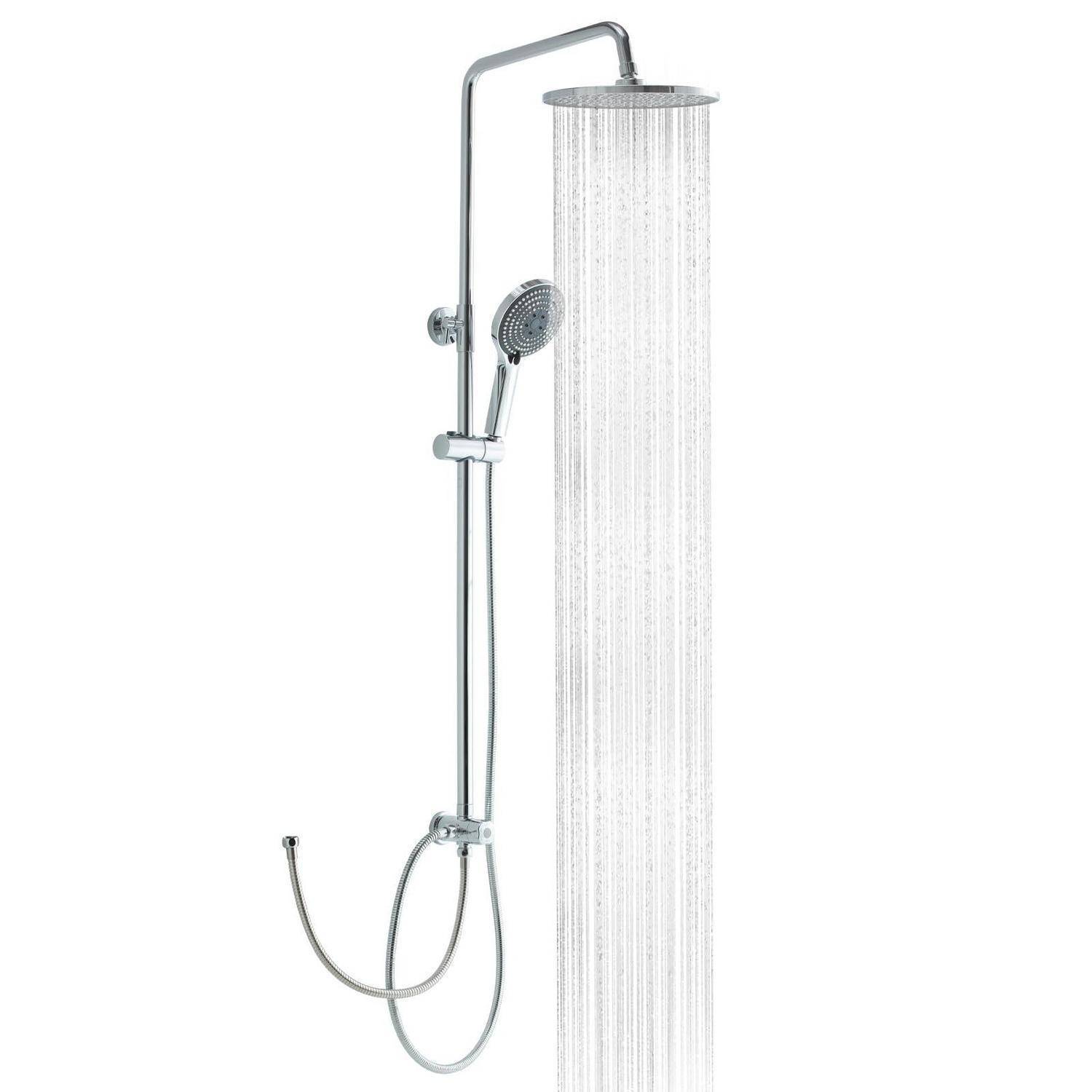Chrom-Duschset mit Deckenregenduschkopf, Handbrauseduschkopf und flexiblem Schlauch auf weißem Hintergrund.