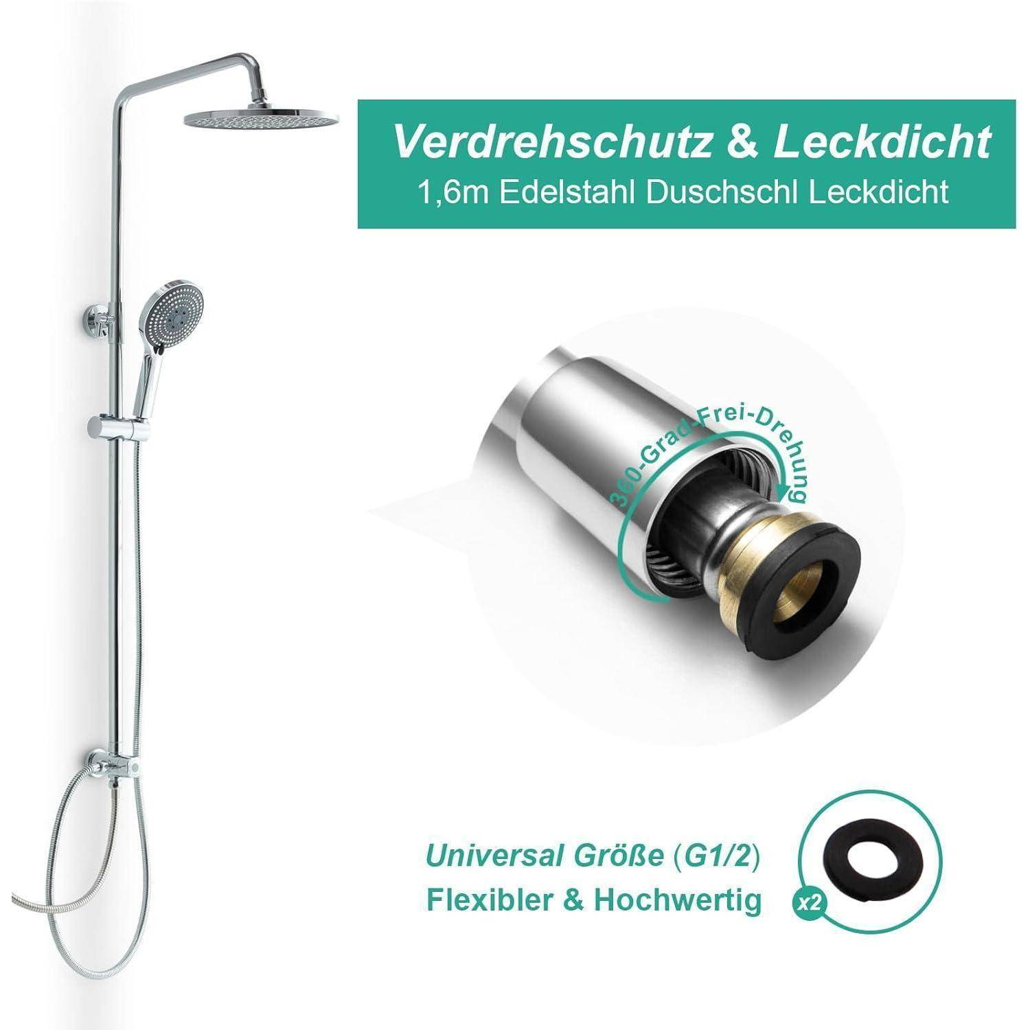 OFFO Regendusche ohne Armatur Chrome, 25 cm Runde Regendusche Duschset, Höhenverstellbar und 1,6m Twist-Free Duschschlauch, Duschsystem für Dusche