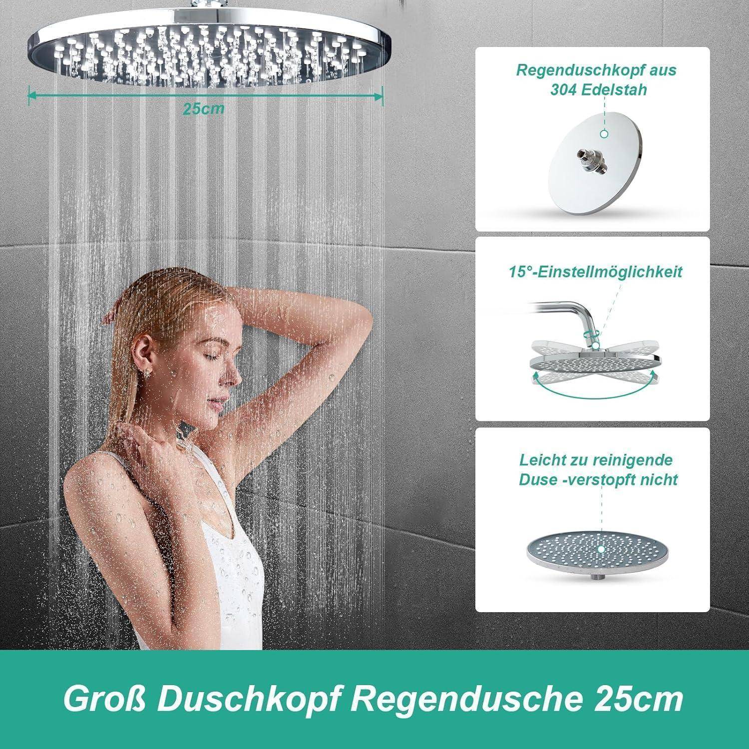 OFFO Regendusche ohne Armatur Chrome, 25 cm Runde Regendusche Duschset, Höhenverstellbar und 1,6m Twist-Free Duschschlauch, Duschsystem für Dusche