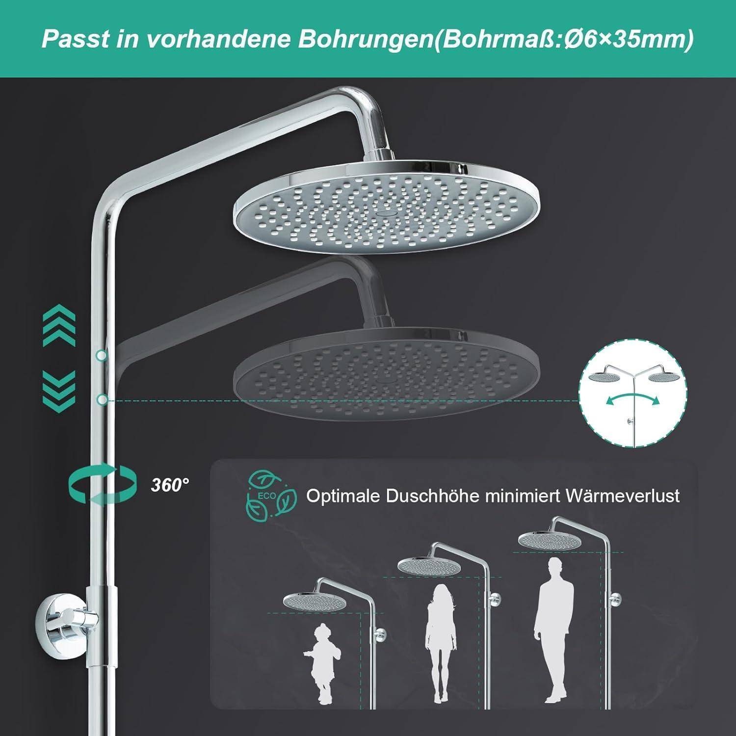 OFFO Regendusche ohne Armatur Chrome, 25 cm Runde Regendusche Duschset, Höhenverstellbar und 1,6m Twist-Free Duschschlauch, Duschsystem für Dusche