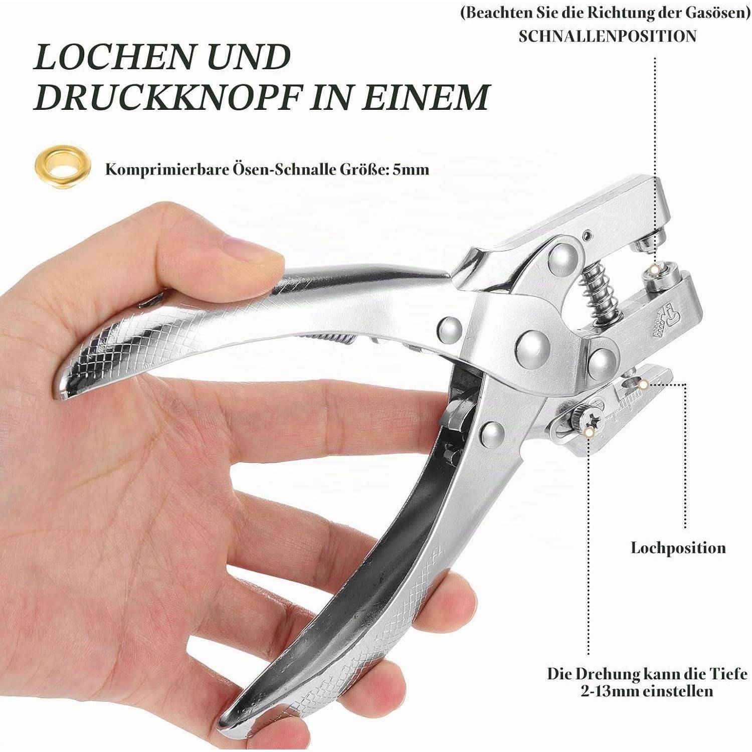 Hand hält ein Metallwerk­zeug zum Lochen und Nieten mit Anleitung in deutscher Sprache für Loch- und Nietpos­itionen und einstellbarer Stanztiefe von 2-13 mm.