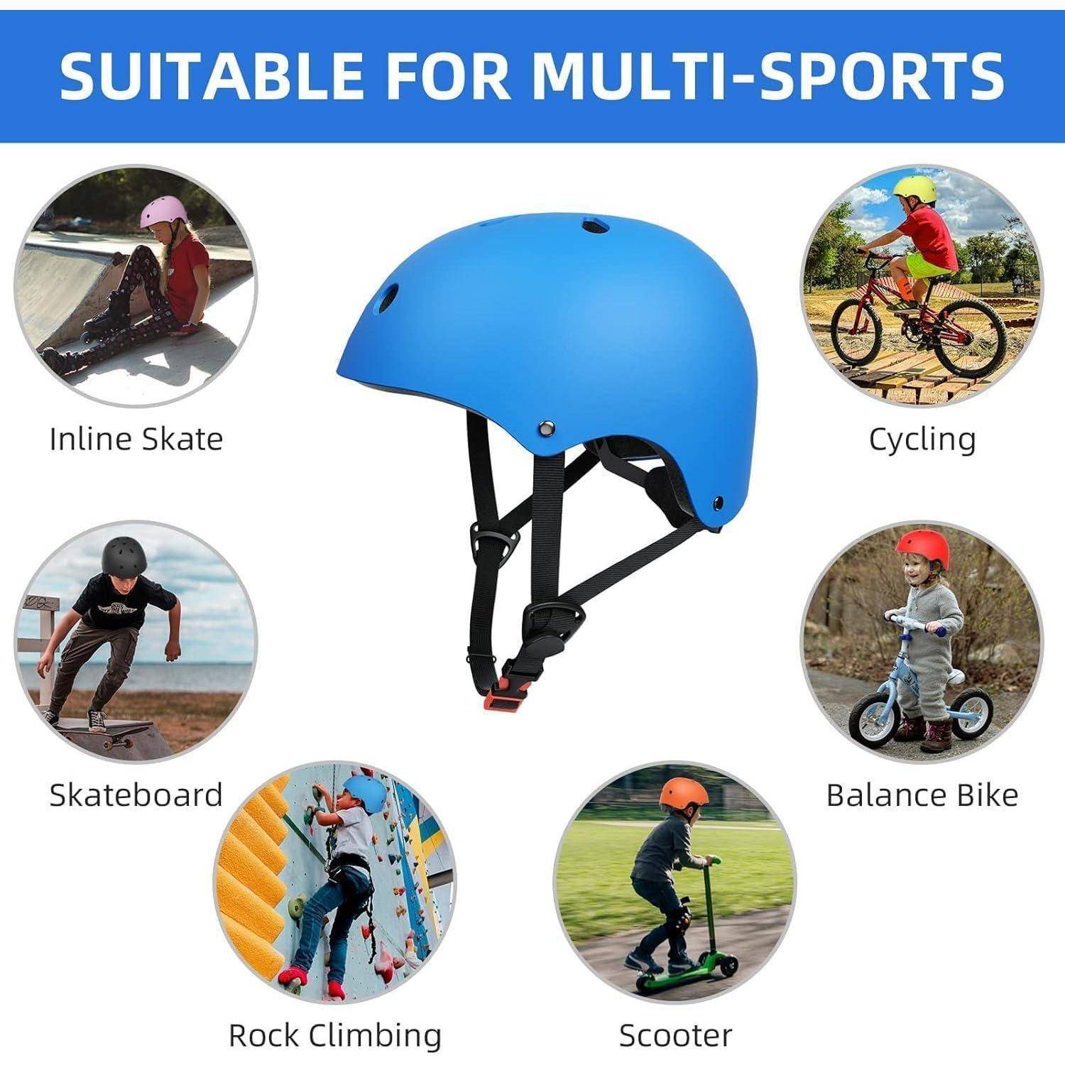 Blauer Multi-Sport-Helm mit der Aufschrift „Geeignet für mehrere Sportarten