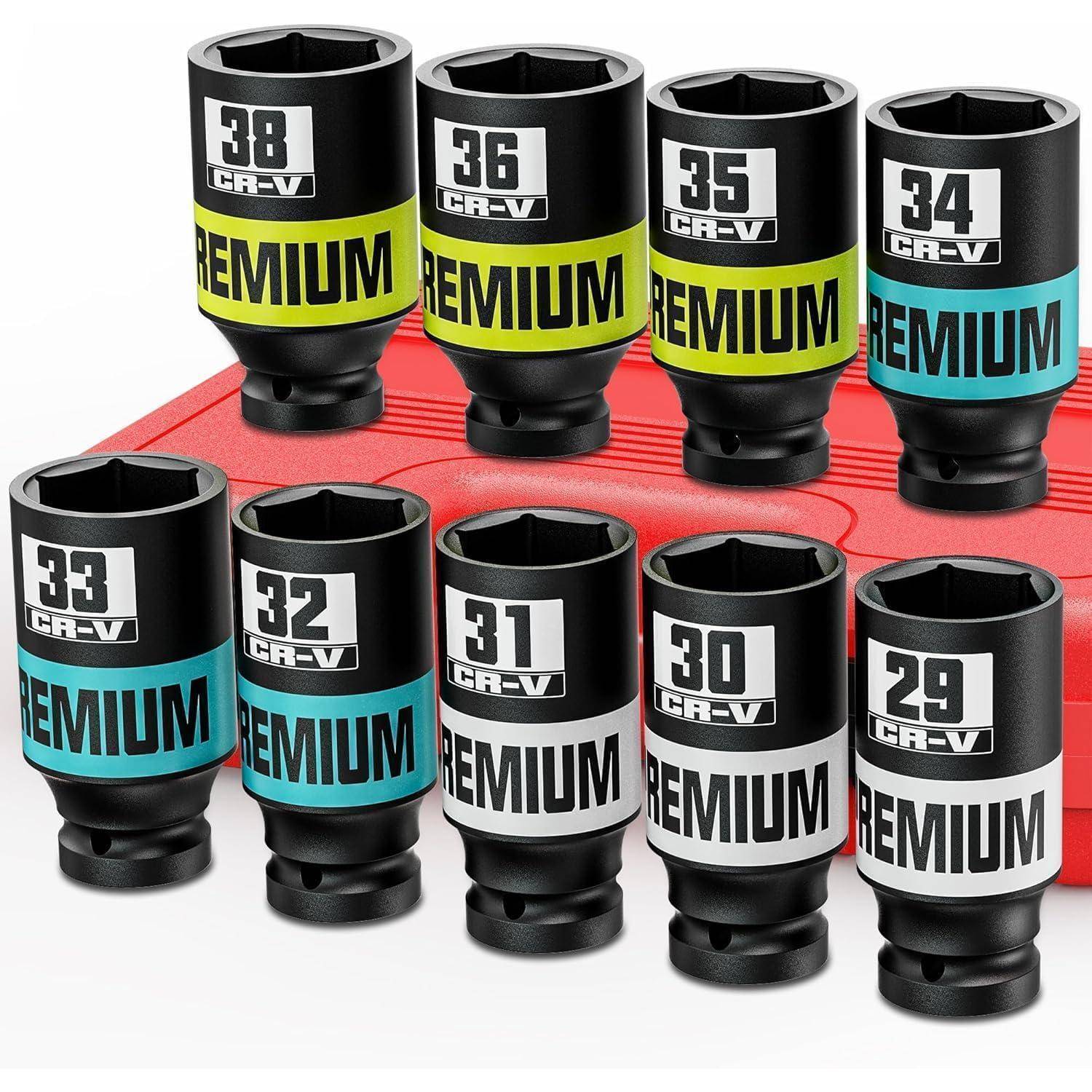 Satz aus neun schwarzen Stecknuss-Adapter mit der Bezeichnung CR-V PREMIUM und den Größen 29, 30, 31, 32, 33, 34, 35, 36 und 38, angezeigt auf einem roten Koffer.