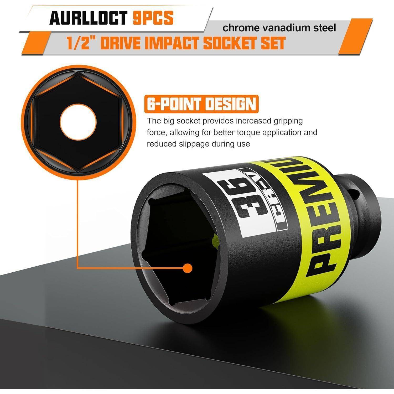 Werbung für AURILLOCT 9-teiliges Schlagschrauber-Steckschlüsselsatz mit 1/2-Zoll-Antrieb, der hochpolierte Chrom-Vanadium-Stahl-6-Punkt-Steckschlüssel mit verbessertem Griff und weniger Rutschneigung zeigt.