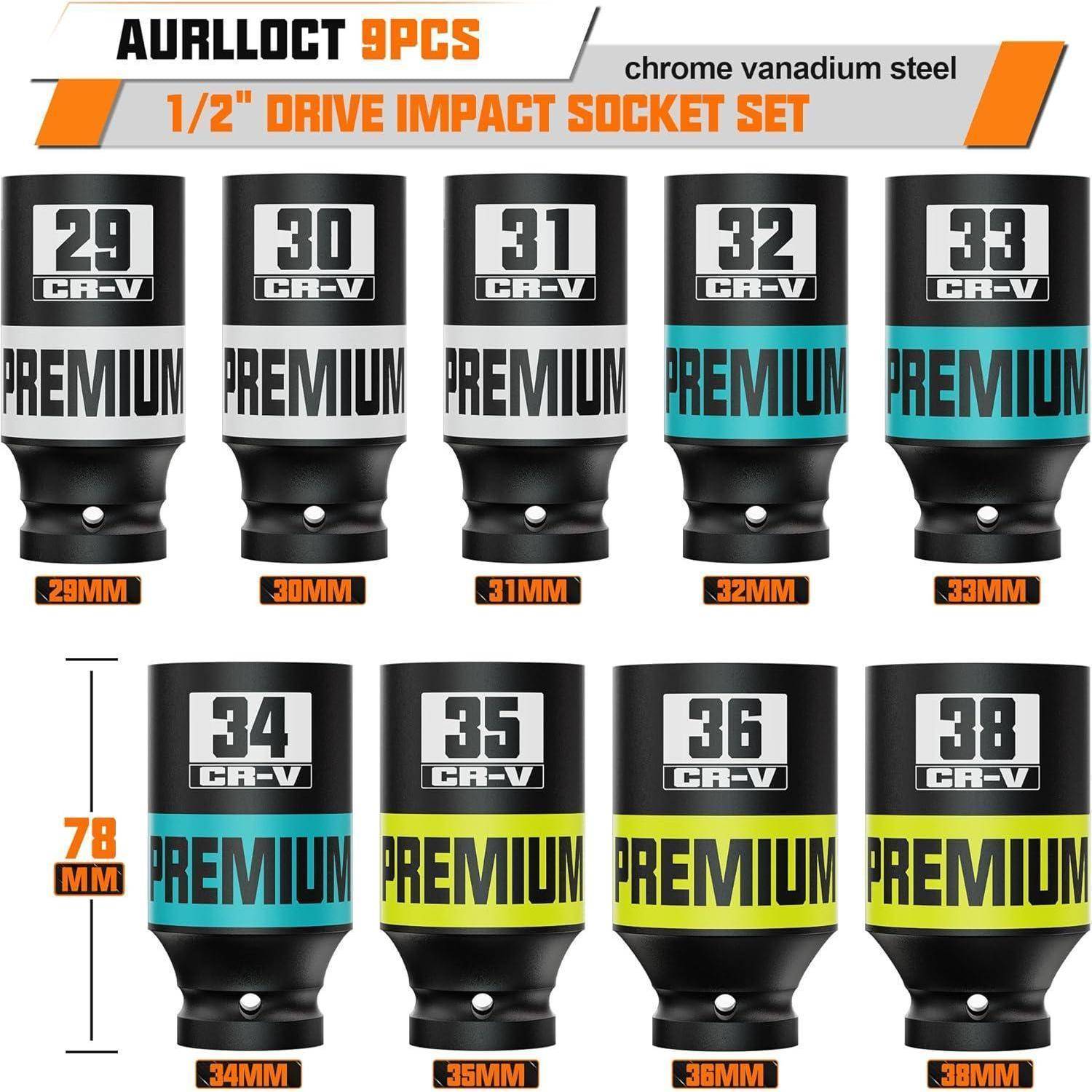 Aurloc 9-teiliges 1/2-Zoll-Antrieb Schlagschraubersatz, Chromvanadiostahl, mit 29-38 mm Stecknüssen in zwei Reihen angeordnet.