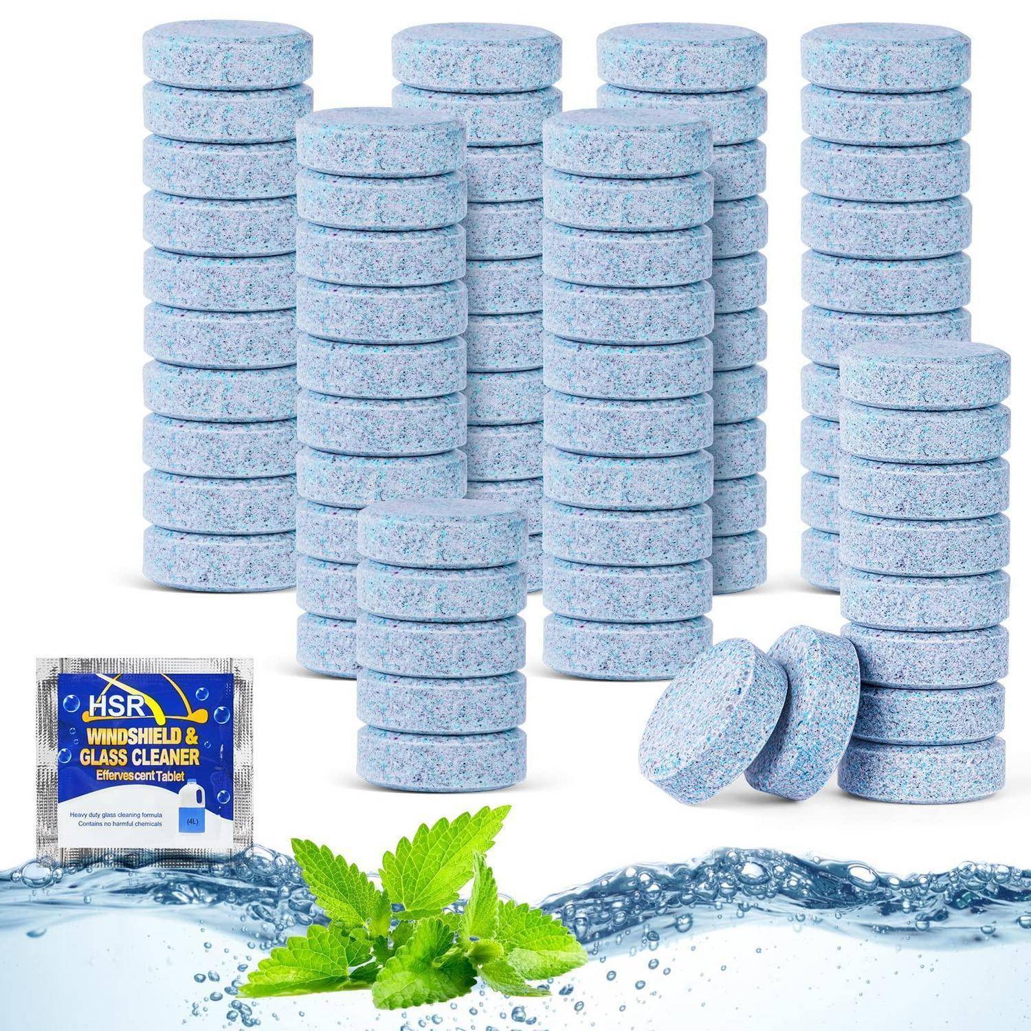 Stapel von blauen Reinigungstabletten mit einer kleinen Packung 