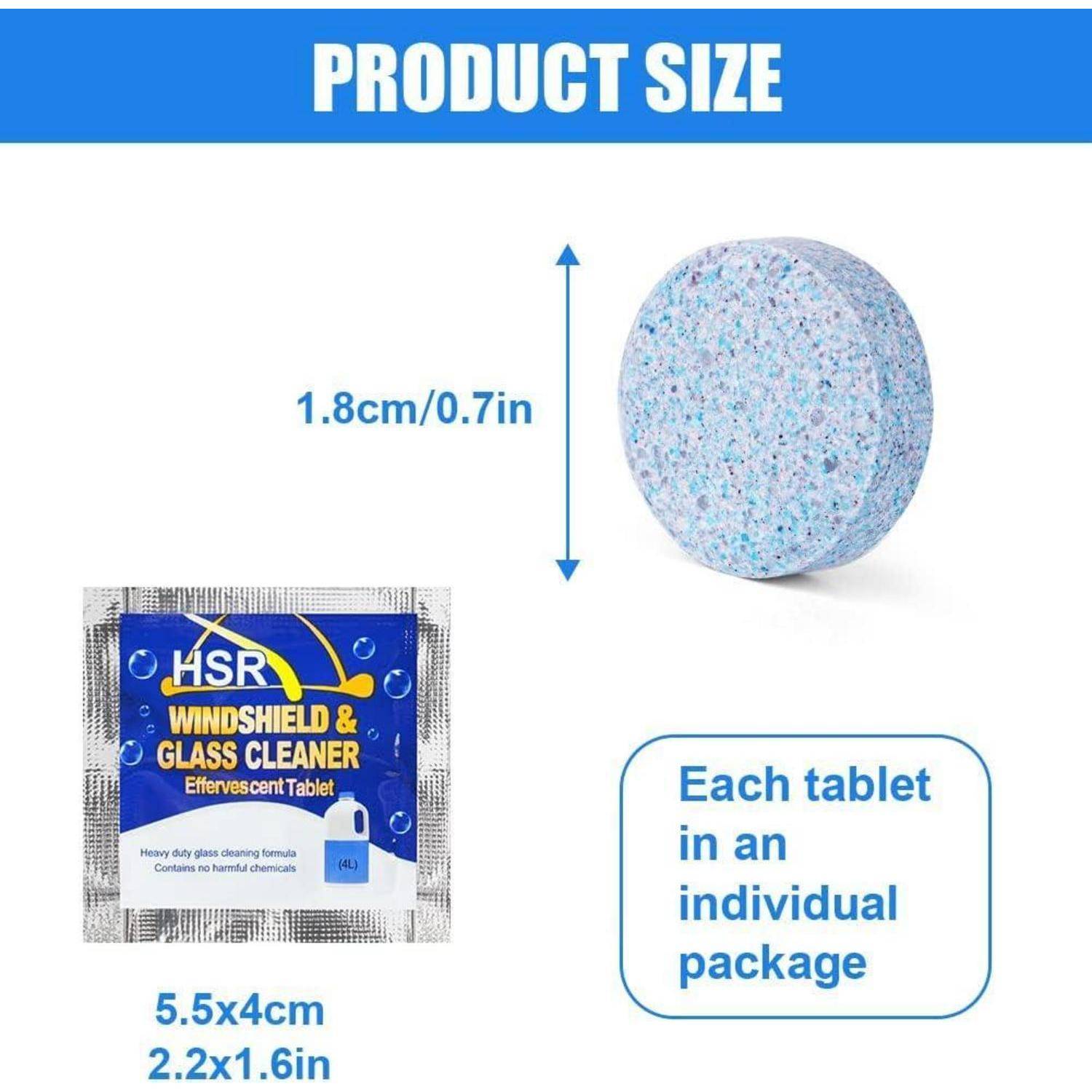 Produktgrößendiagramm mit einer runden blaugefleckten Tablette, 1,8 cm 0,7 Zoll breit, und einem einzelnen HSR-Windschutzscheiben- und Glasreiniger-Tablettenpaket, 5,5 x 4 cm 2,2 x 1,6 Zoll.